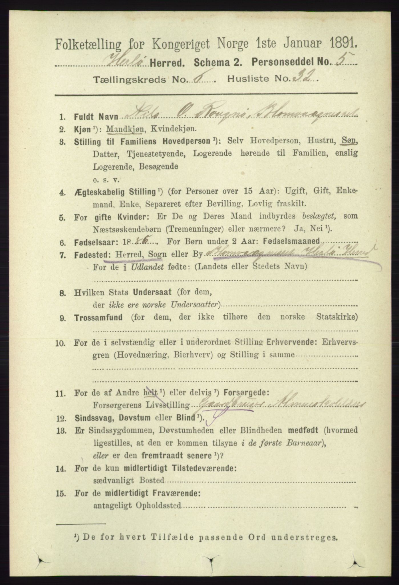 RA, 1891 census for 1258 Herdla, 1891, p. 2848