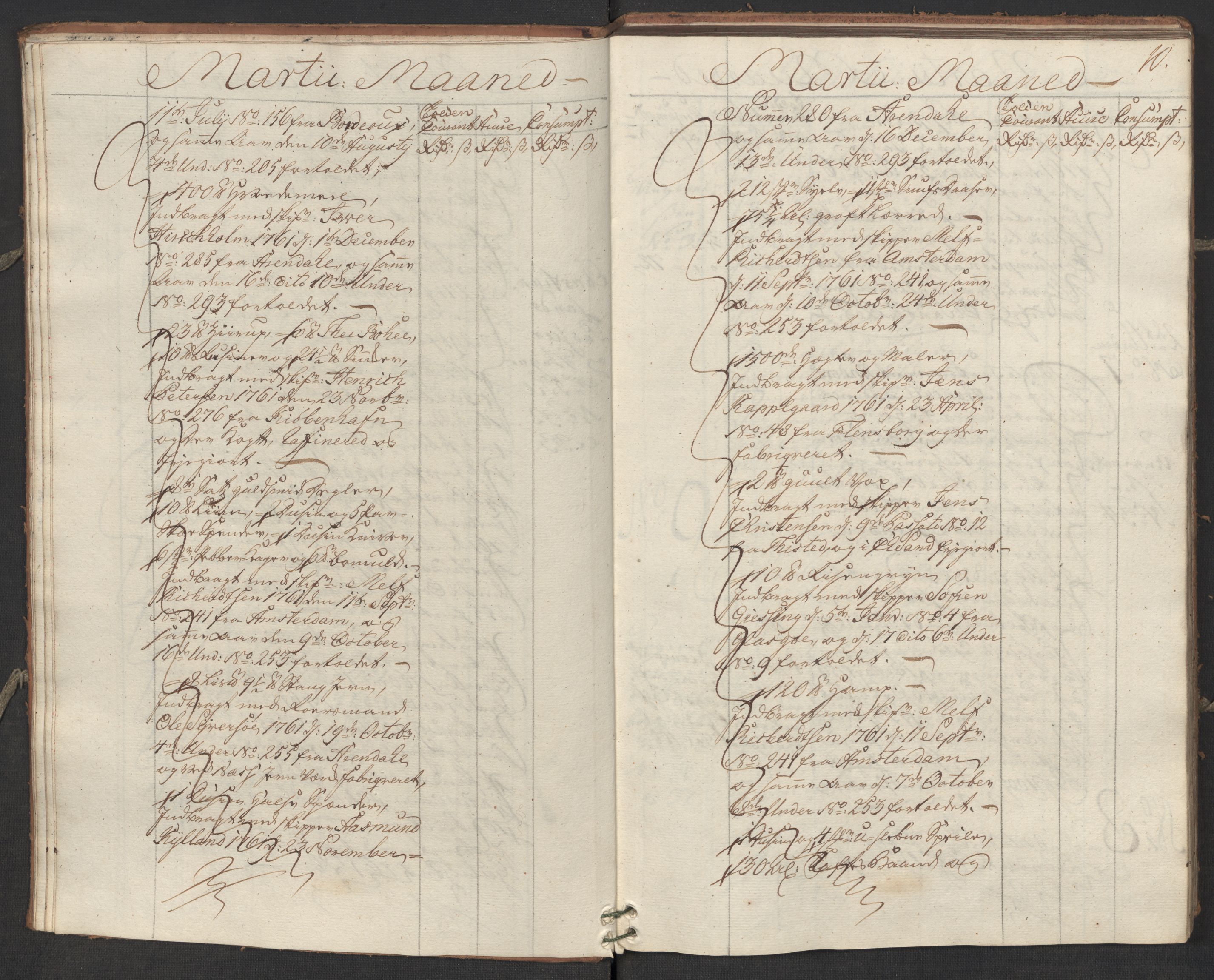 Generaltollkammeret, tollregnskaper, AV/RA-EA-5490/R17/L0023/0001: Tollregnskaper Mandal / Inngående hovedtollbok, 1762, p. 9b-10a