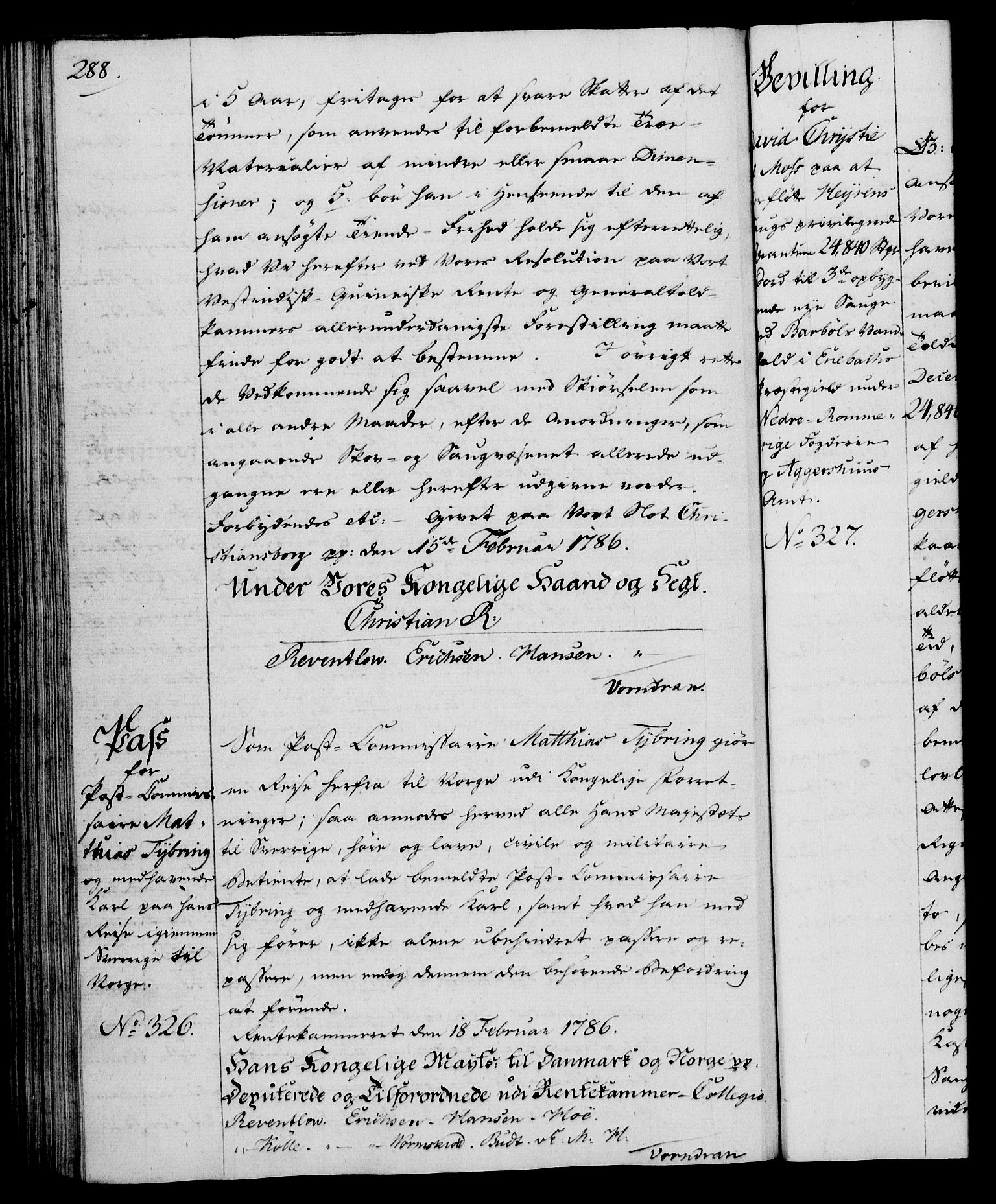 Rentekammeret, Kammerkanselliet, RA/EA-3111/G/Gg/Gga/L0013: Norsk ekspedisjonsprotokoll med register (merket RK 53.13), 1784-1787, p. 288