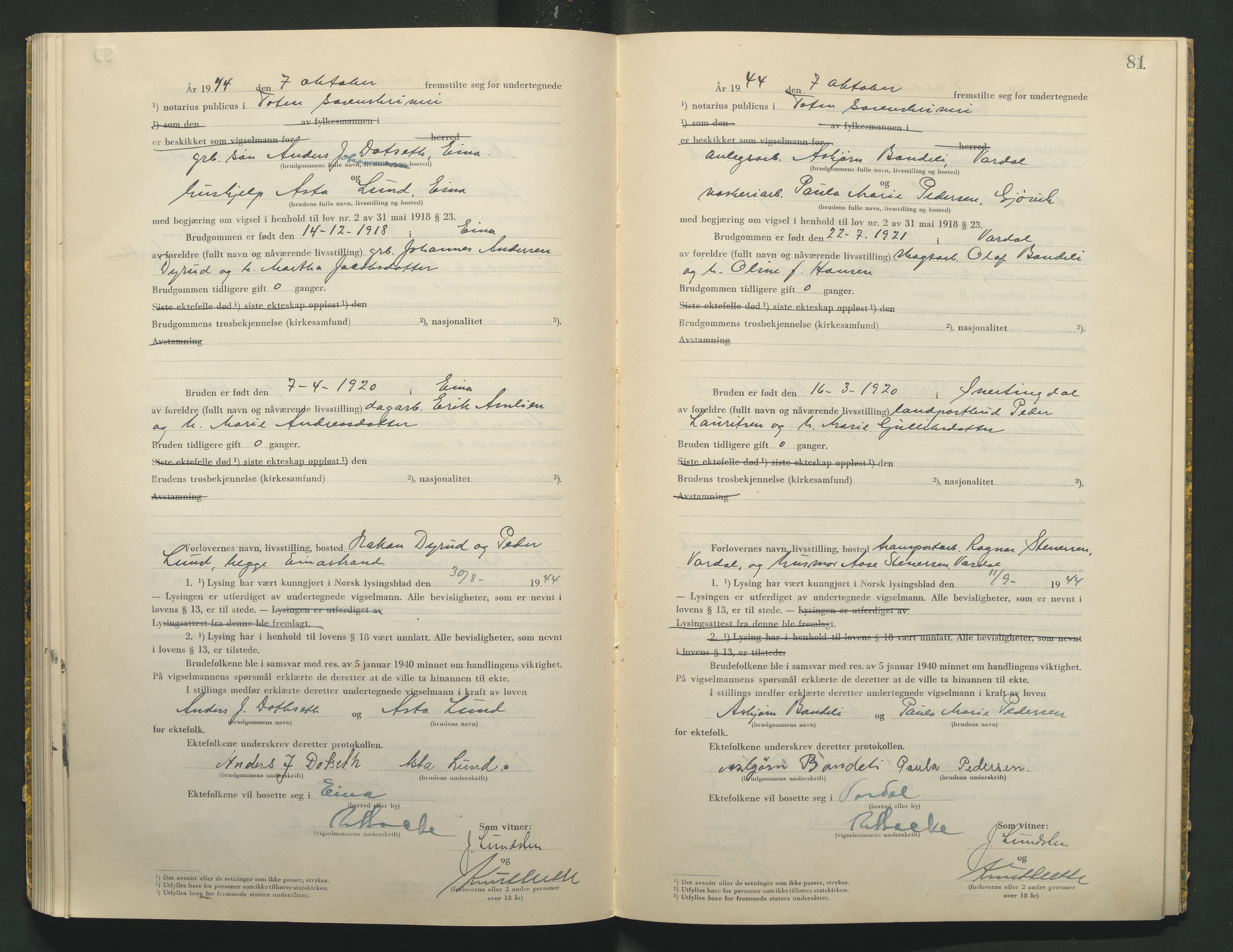 Toten tingrett, AV/SAH-TING-006/L/Lc/L0004: Vigselbok, 1944, p. 81