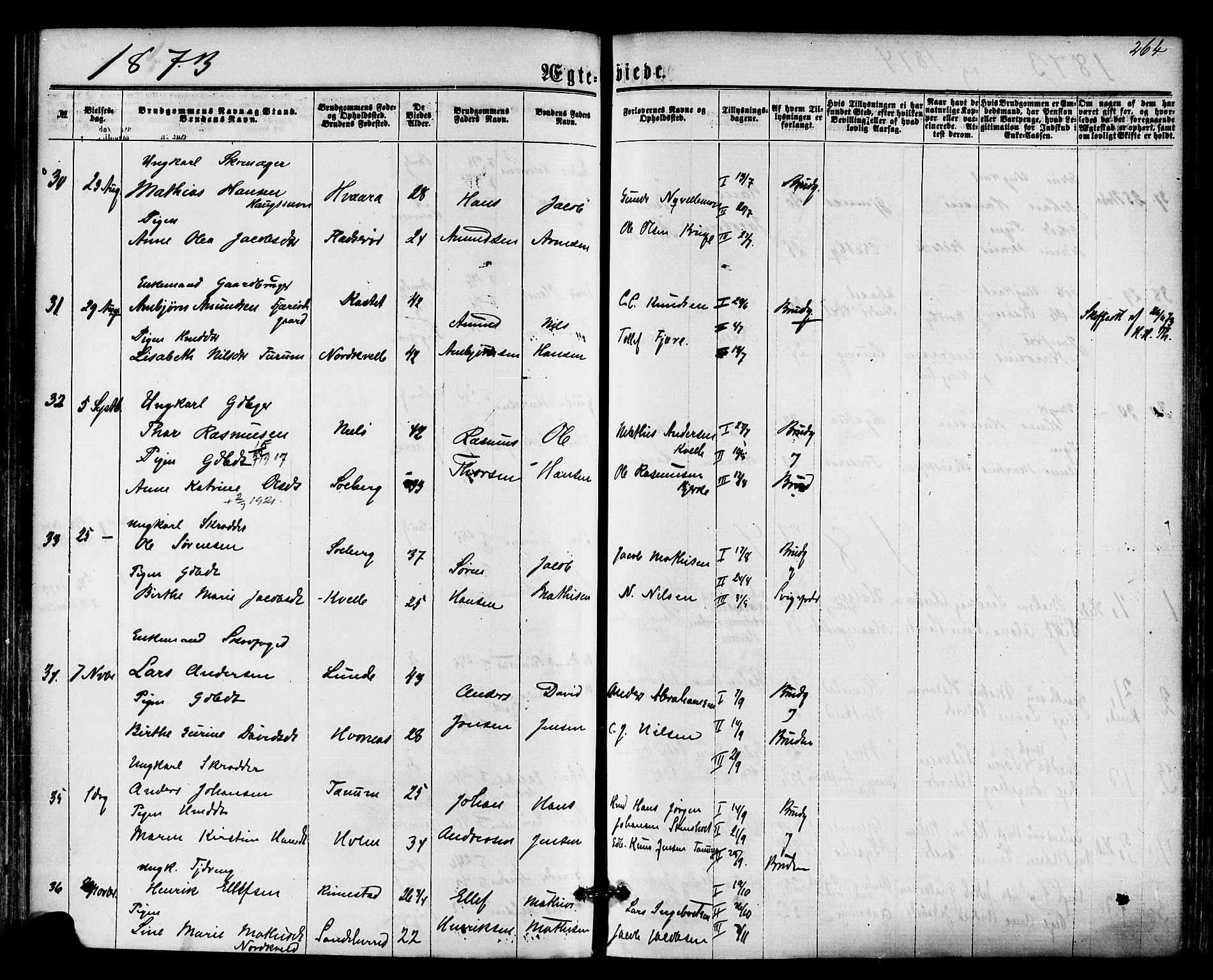 Hedrum kirkebøker, AV/SAKO-A-344/F/Fa/L0008: Parish register (official) no. I 8, 1869-1880, p. 264