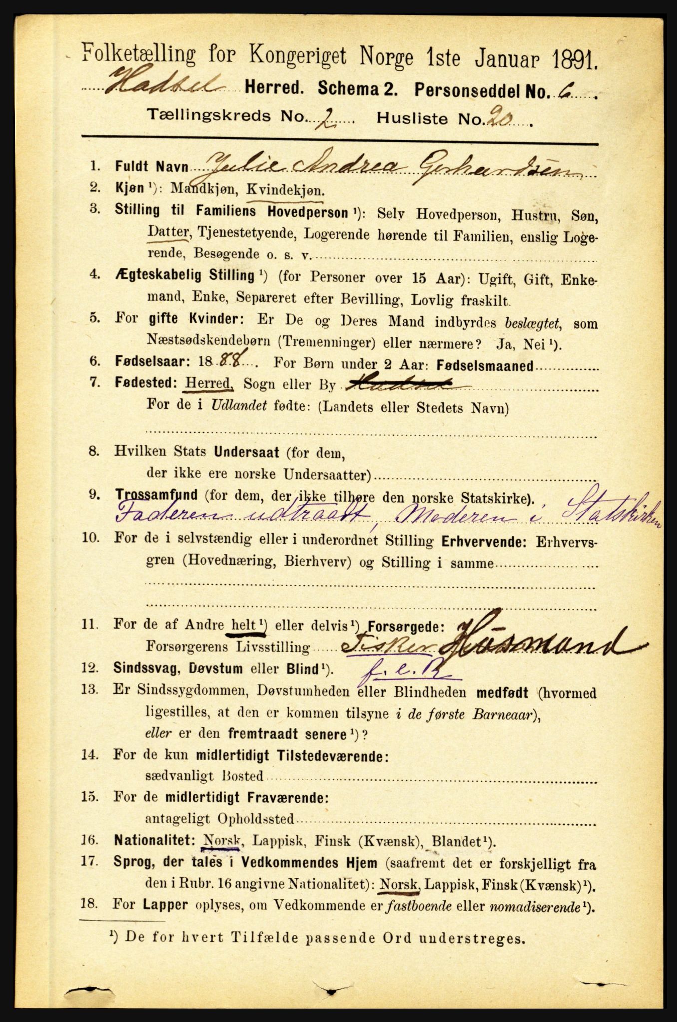 RA, 1891 census for 1866 Hadsel, 1891, p. 781