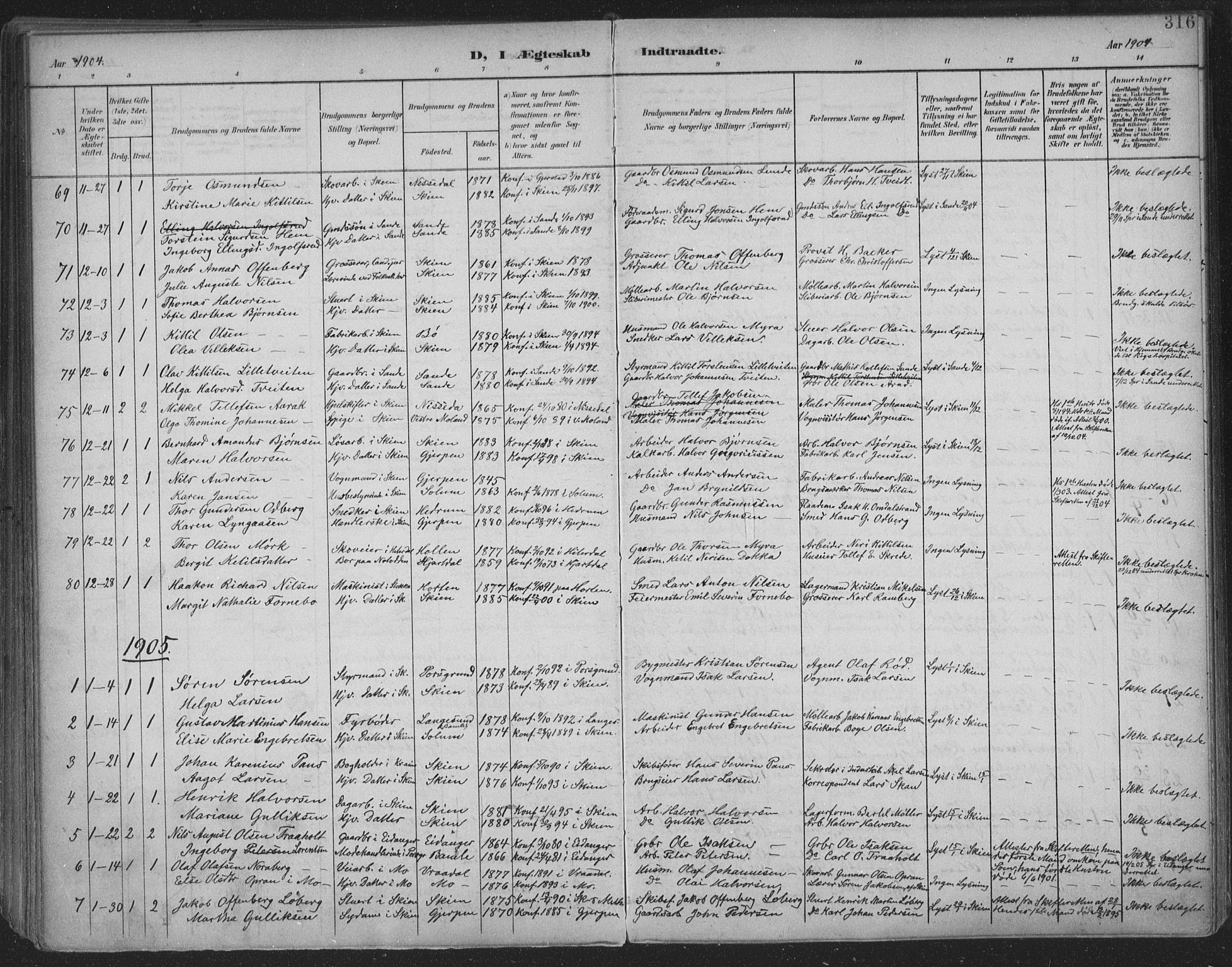 Skien kirkebøker, AV/SAKO-A-302/F/Fa/L0011: Parish register (official) no. 11, 1900-1907, p. 316