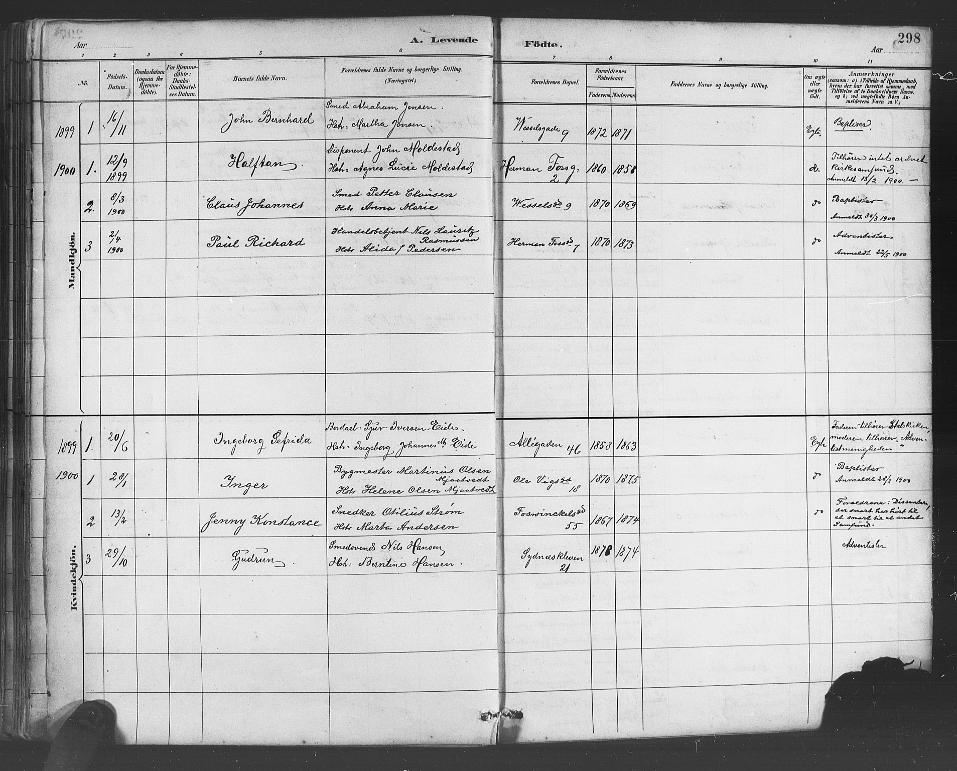 Johanneskirken sokneprestembete, AV/SAB-A-76001/H/Hab: Parish register (copy) no. A 1, 1885-1900, p. 298