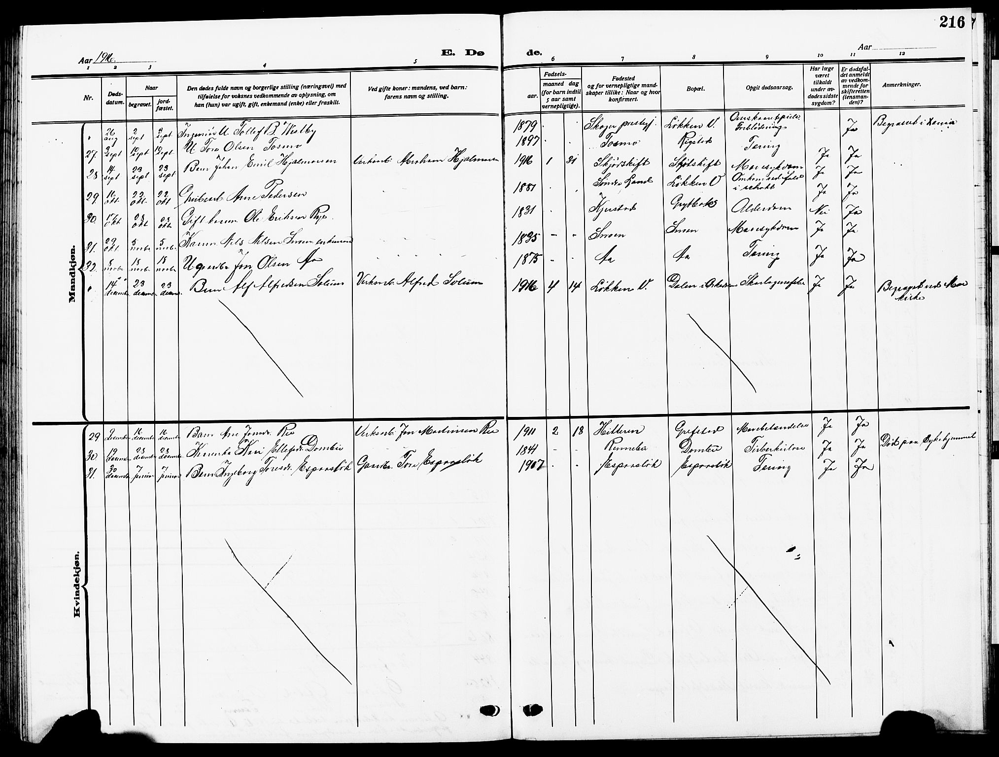 Ministerialprotokoller, klokkerbøker og fødselsregistre - Sør-Trøndelag, SAT/A-1456/672/L0865: Parish register (copy) no. 672C04, 1914-1928, p. 216