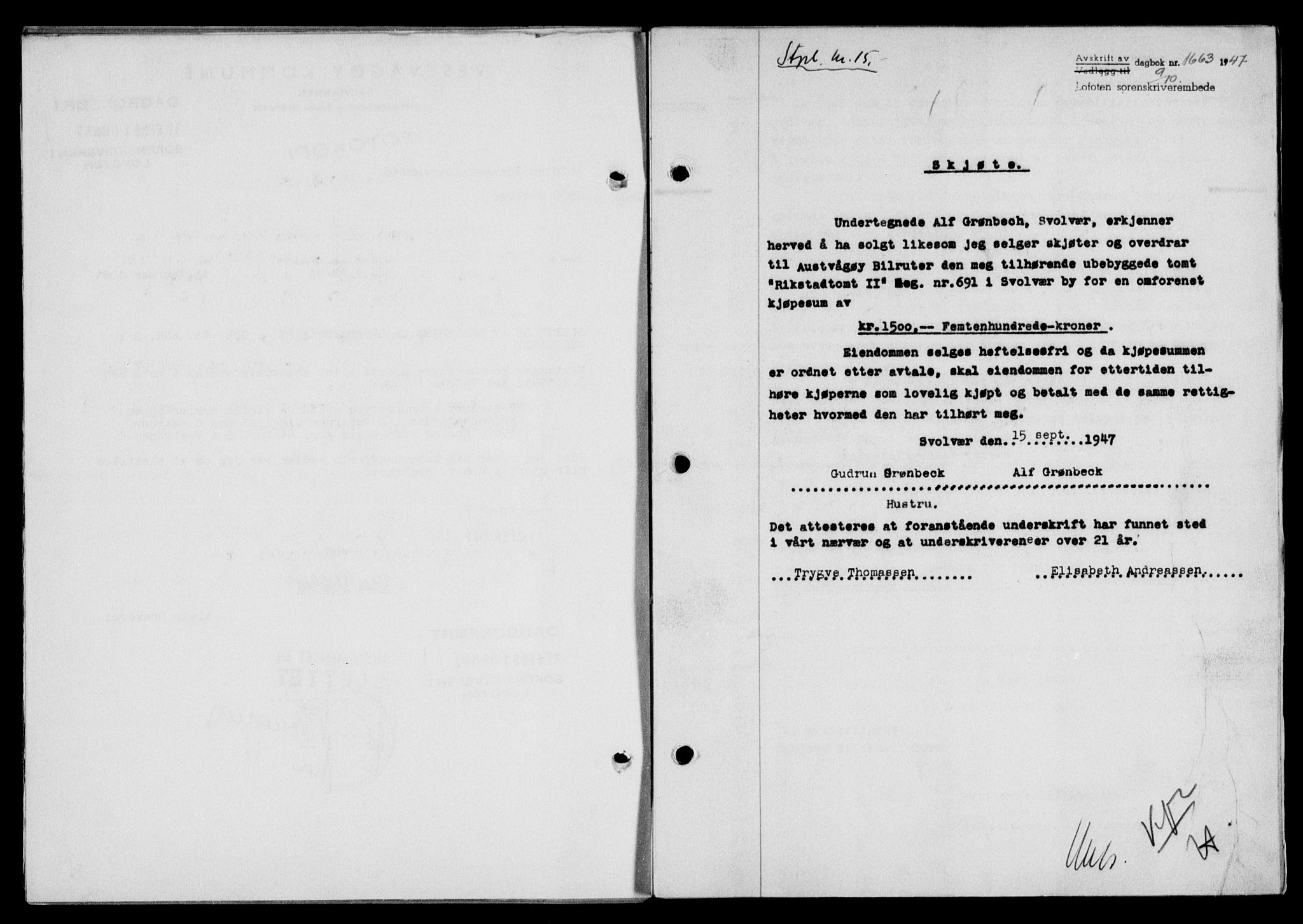 Lofoten sorenskriveri, SAT/A-0017/1/2/2C/L0017a: Mortgage book no. 17a, 1947-1948, Diary no: : 1663/1947