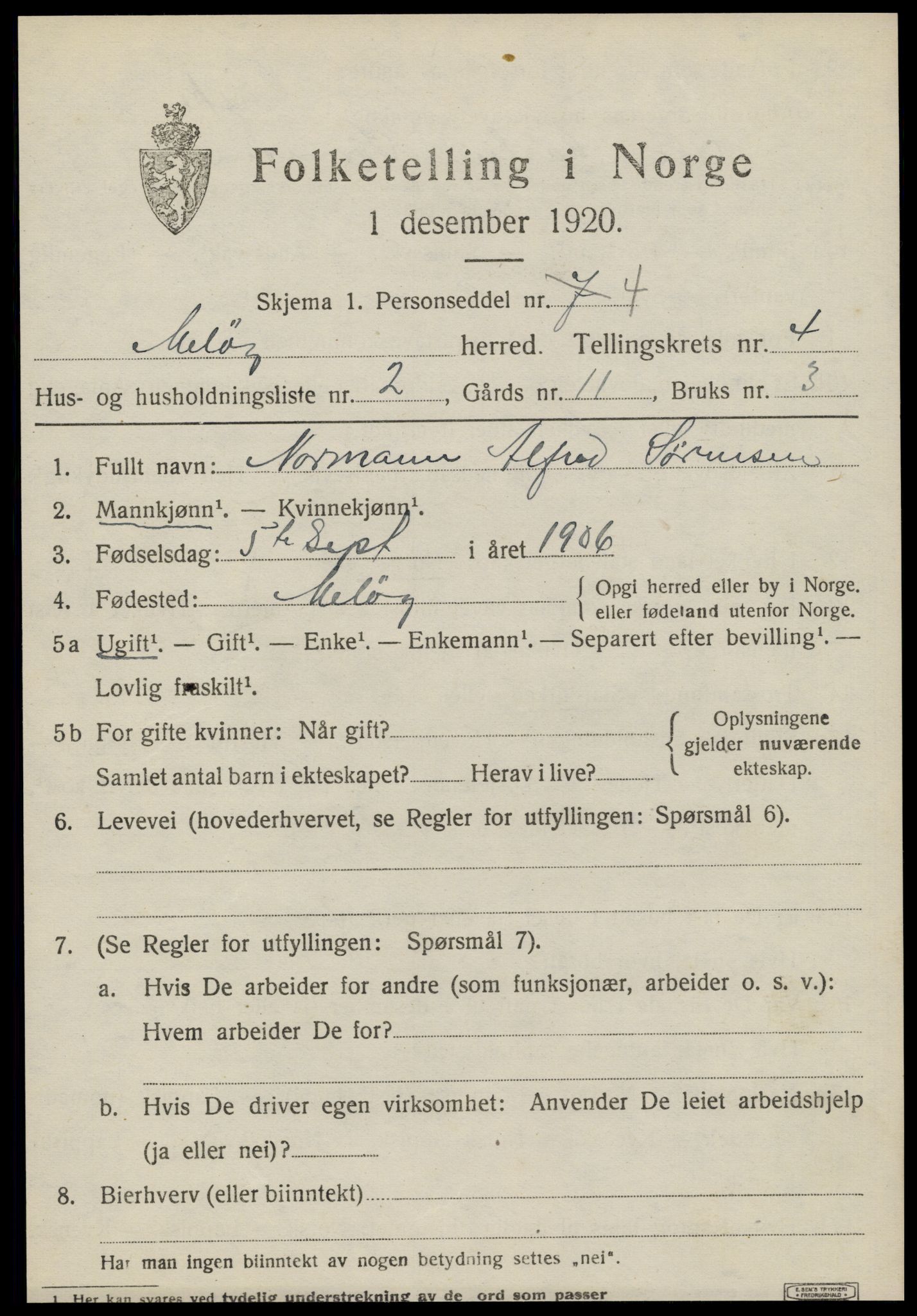 SAT, 1920 census for Meløy, 1920, p. 2785