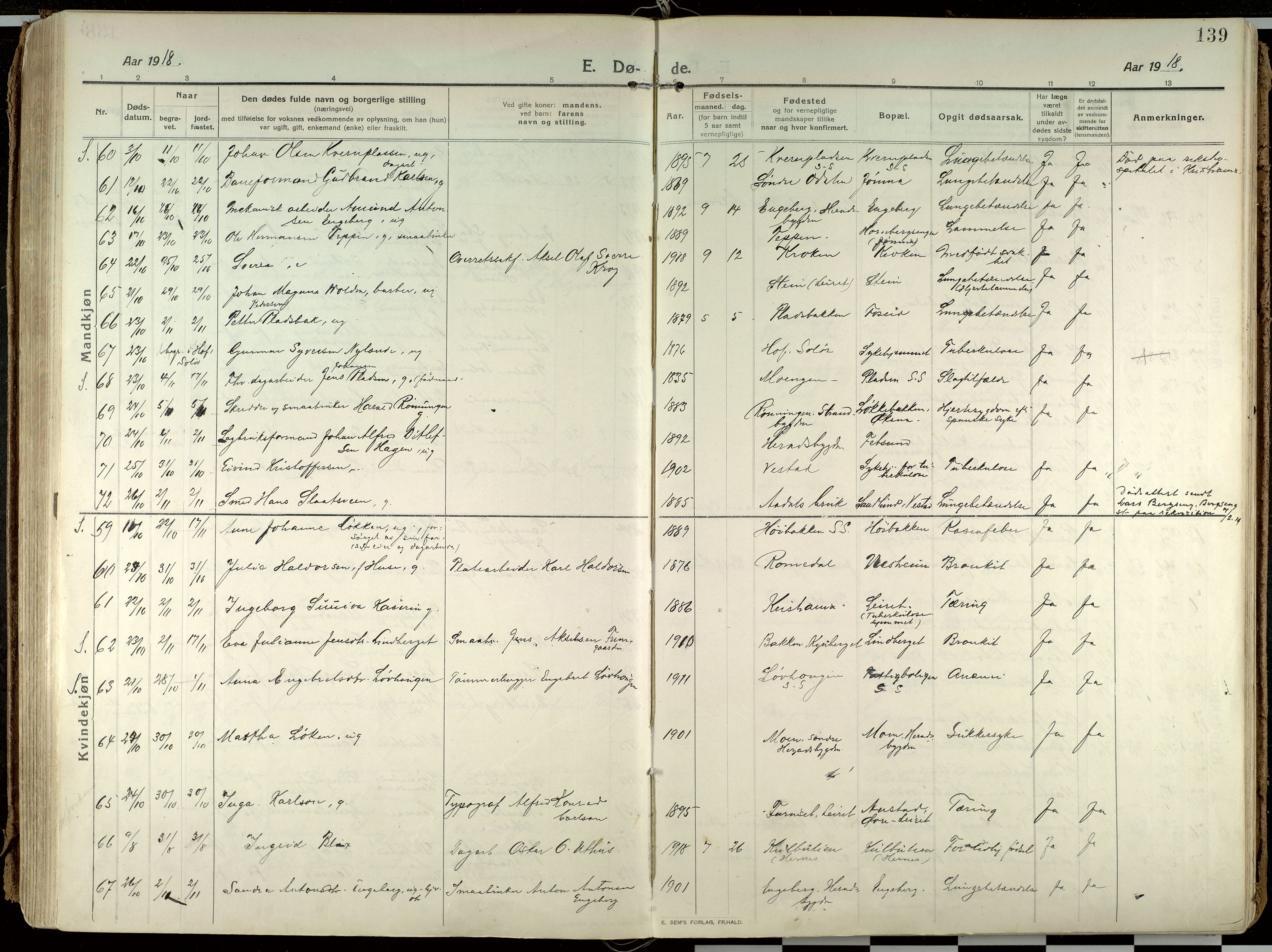 Elverum prestekontor, AV/SAH-PREST-044/H/Ha/Haa/L0021: Parish register (official) no. 21, 1913-1928, p. 139