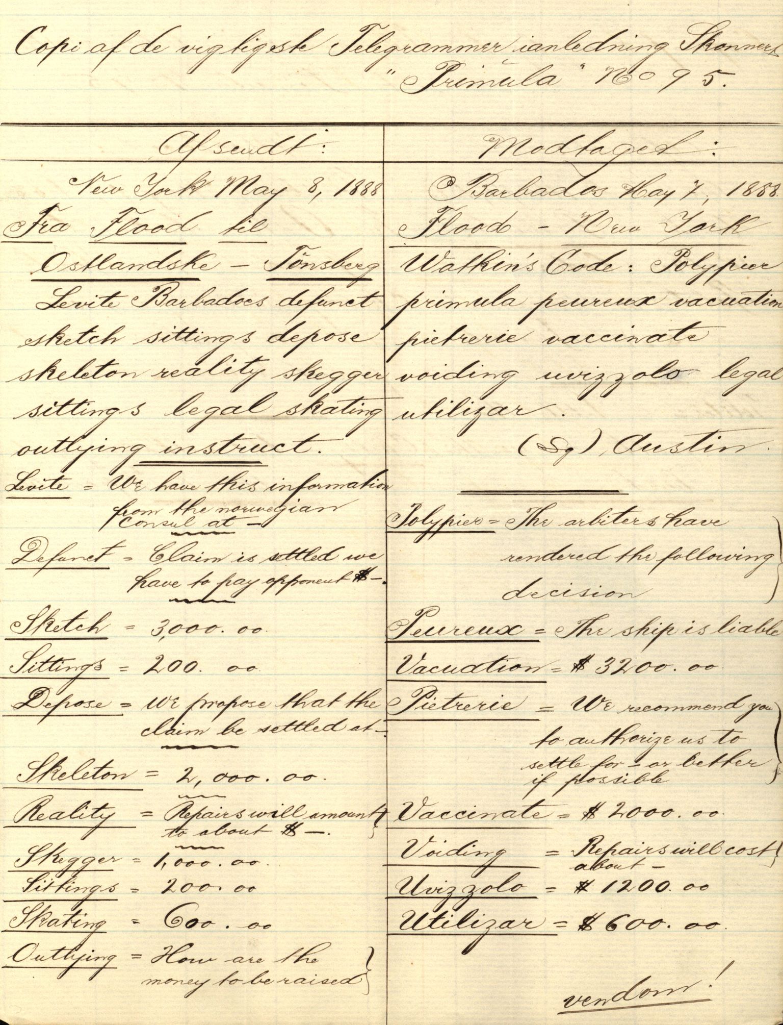 Pa 63 - Østlandske skibsassuranceforening, VEMU/A-1079/G/Ga/L0021/0003: Havaridokumenter / Inga av Drammen, Inga av Sandefjord, Primula, 1888-1889, p. 100