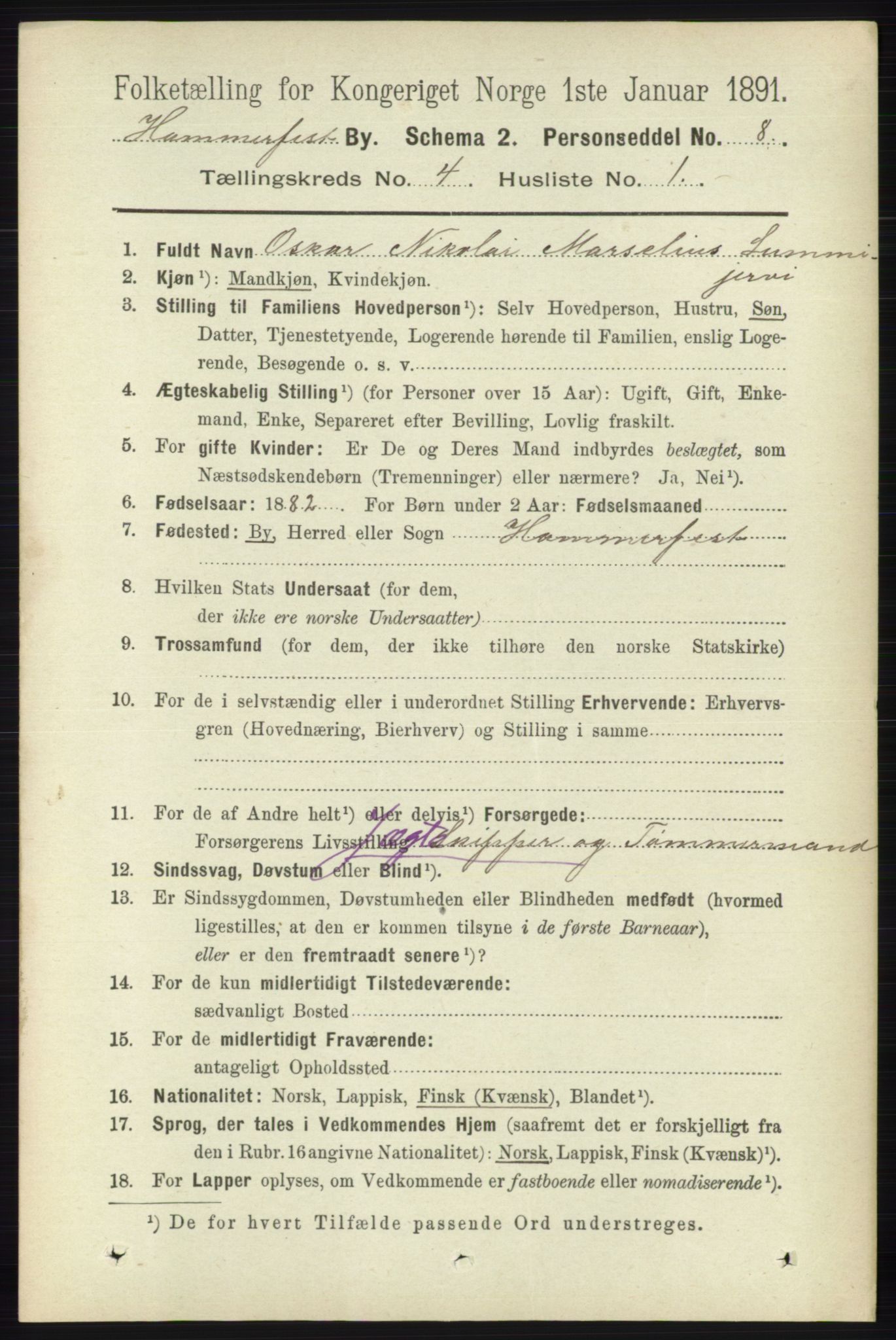 RA, 1891 census for 2001 Hammerfest, 1891, p. 913