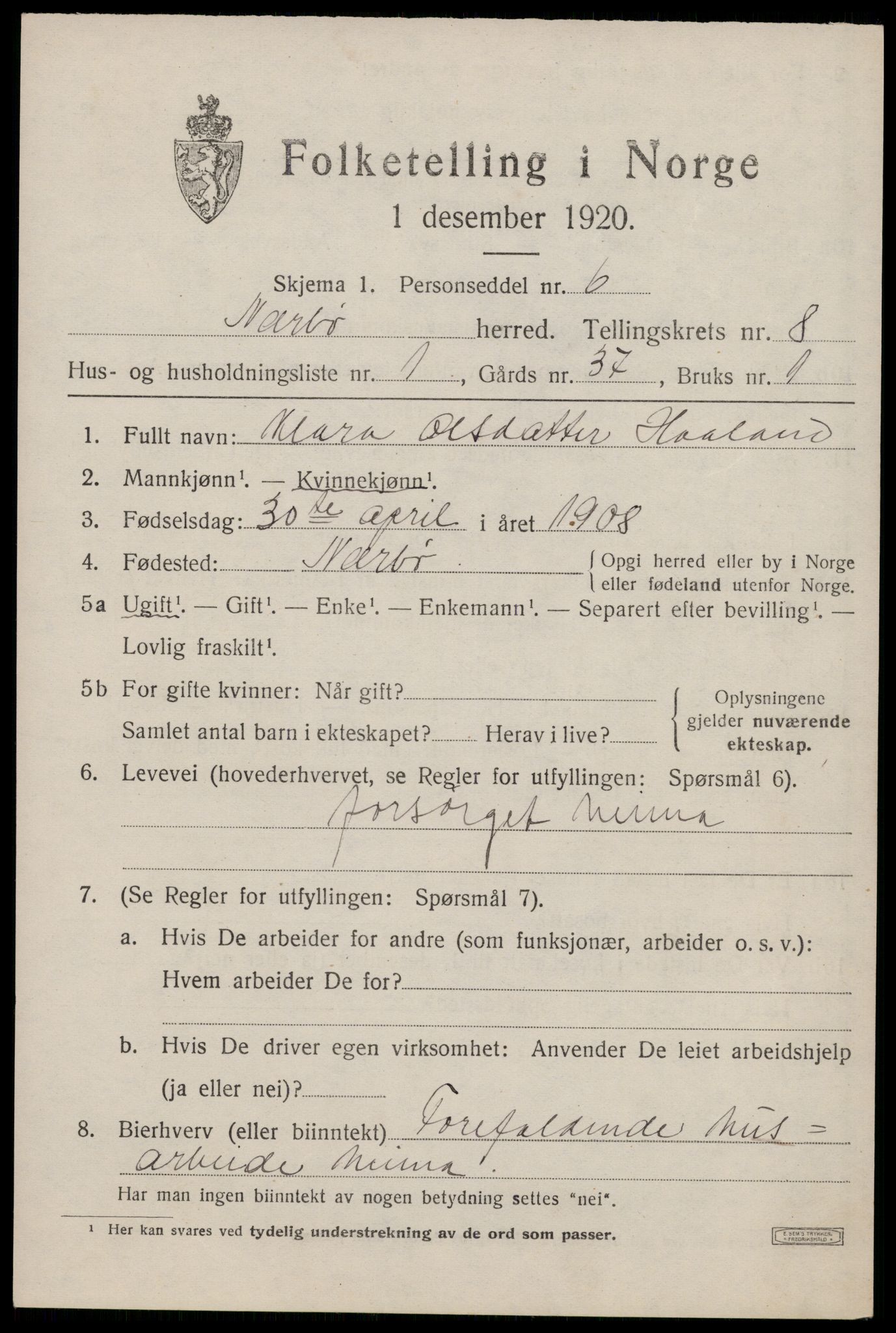 SAST, 1920 census for Nærbø, 1920, p. 5105