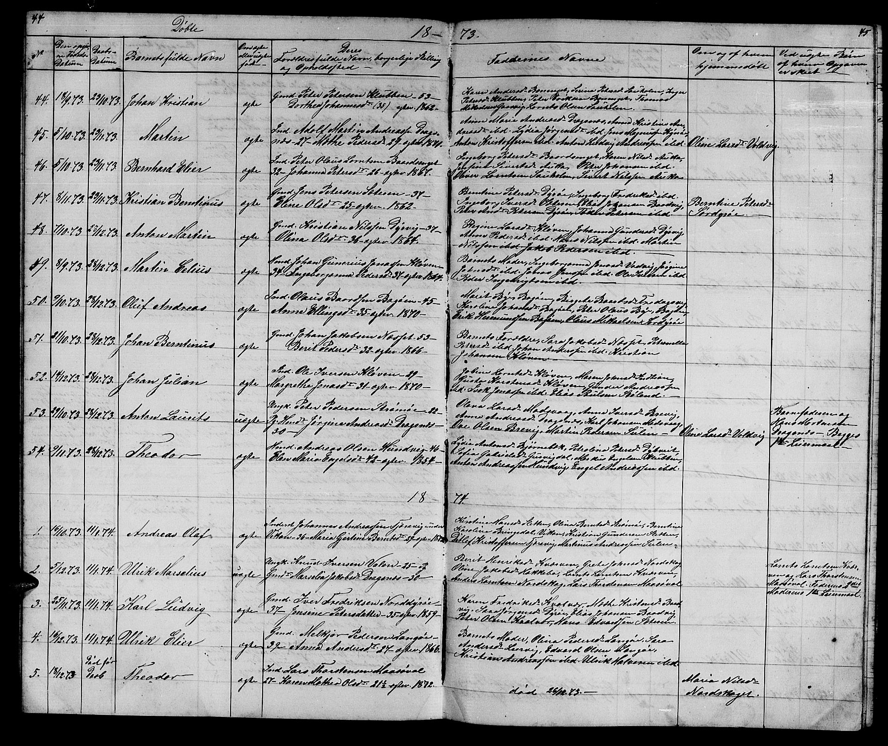 Ministerialprotokoller, klokkerbøker og fødselsregistre - Sør-Trøndelag, SAT/A-1456/640/L0583: Parish register (copy) no. 640C01, 1866-1877, p. 44-45
