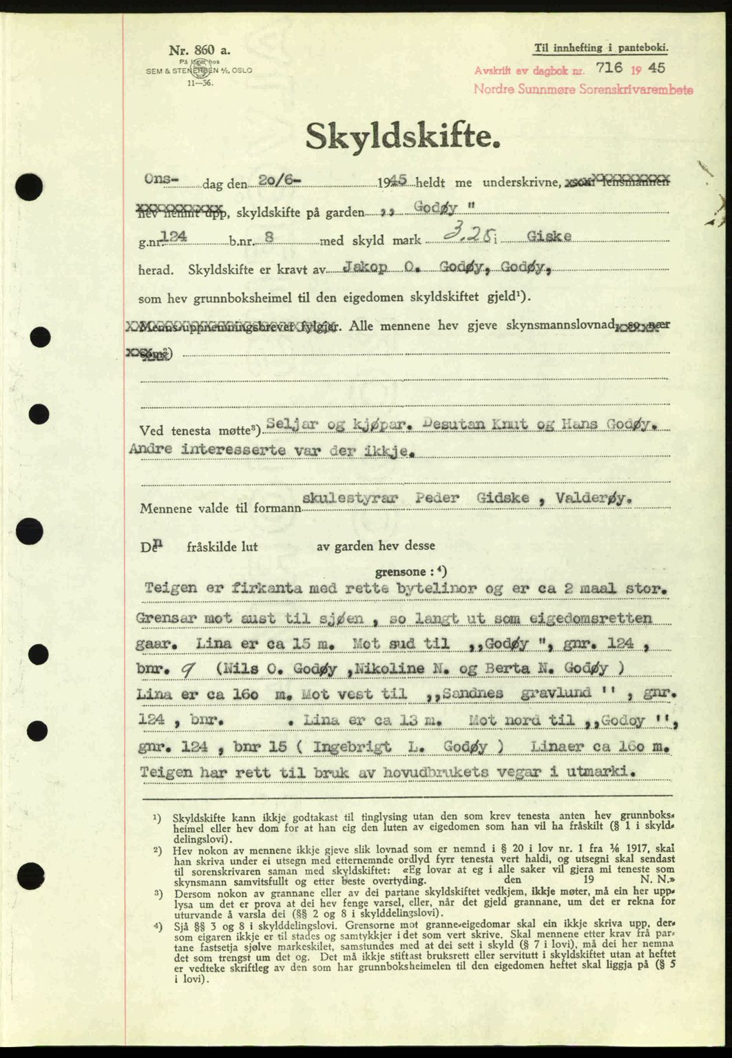 Nordre Sunnmøre sorenskriveri, AV/SAT-A-0006/1/2/2C/2Ca: Mortgage book no. A20a, 1945-1945, Diary no: : 716/1945