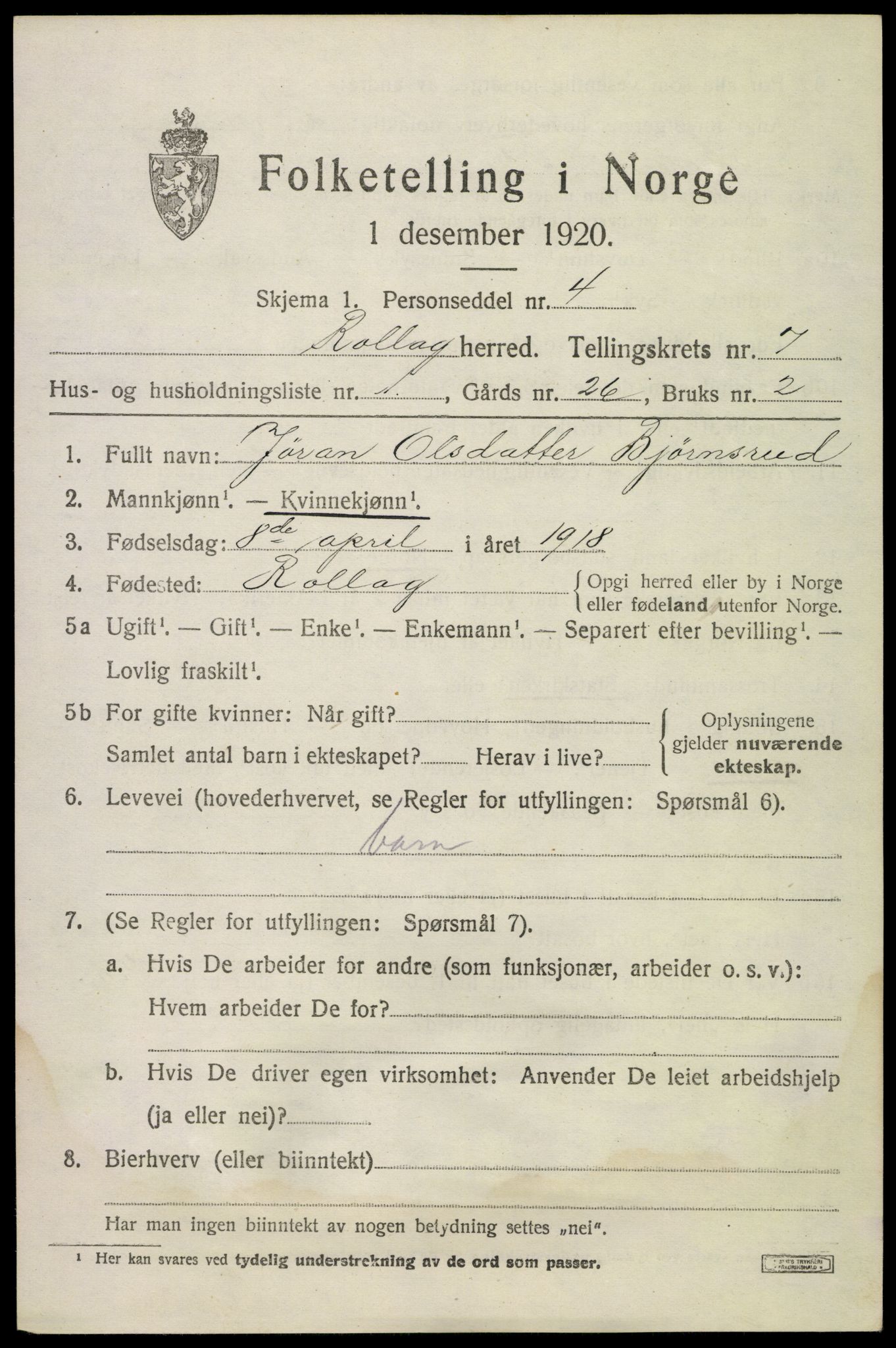 SAKO, 1920 census for Rollag, 1920, p. 2498