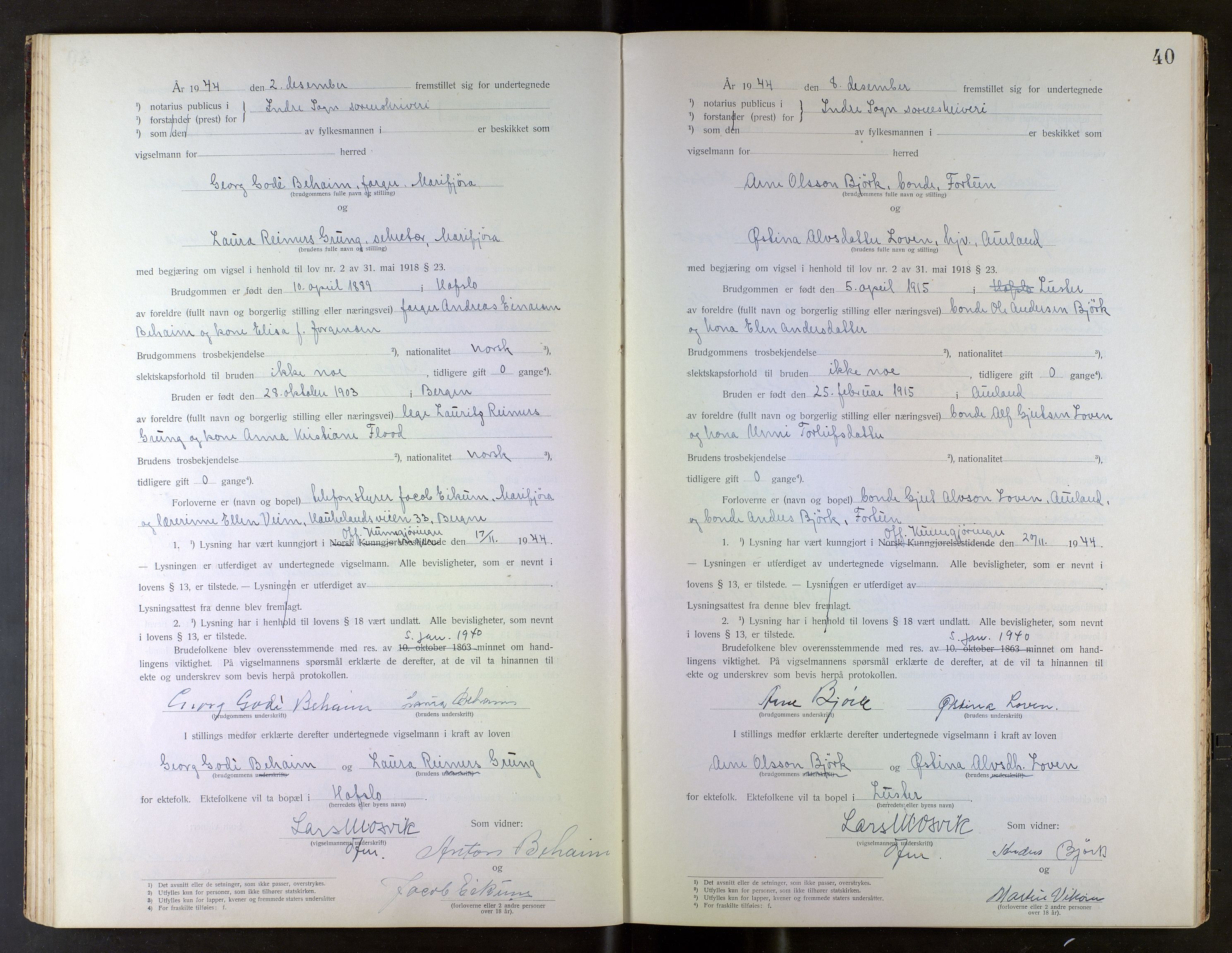 Indre Sogn tingrett, AV/SAB-A-3301/1/L/La/Laa/L0001: Vigselsbok Indre Sogn, 1938-1967, p. 40