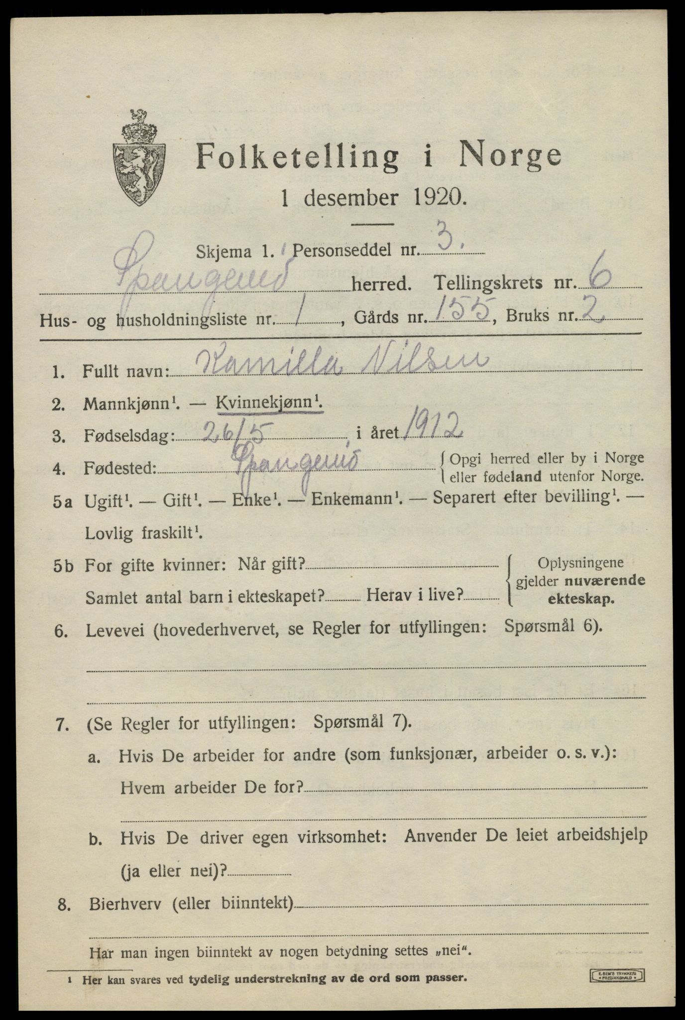 SAK, 1920 census for Spangereid, 1920, p. 2209