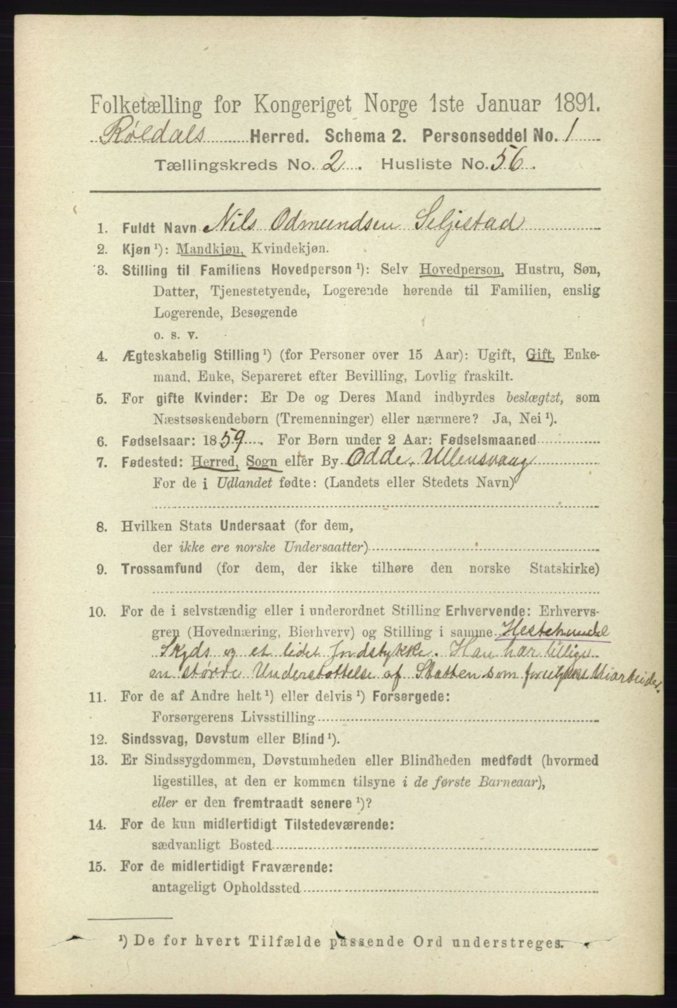 RA, 1891 census for 1229 Røldal, 1891, p. 839