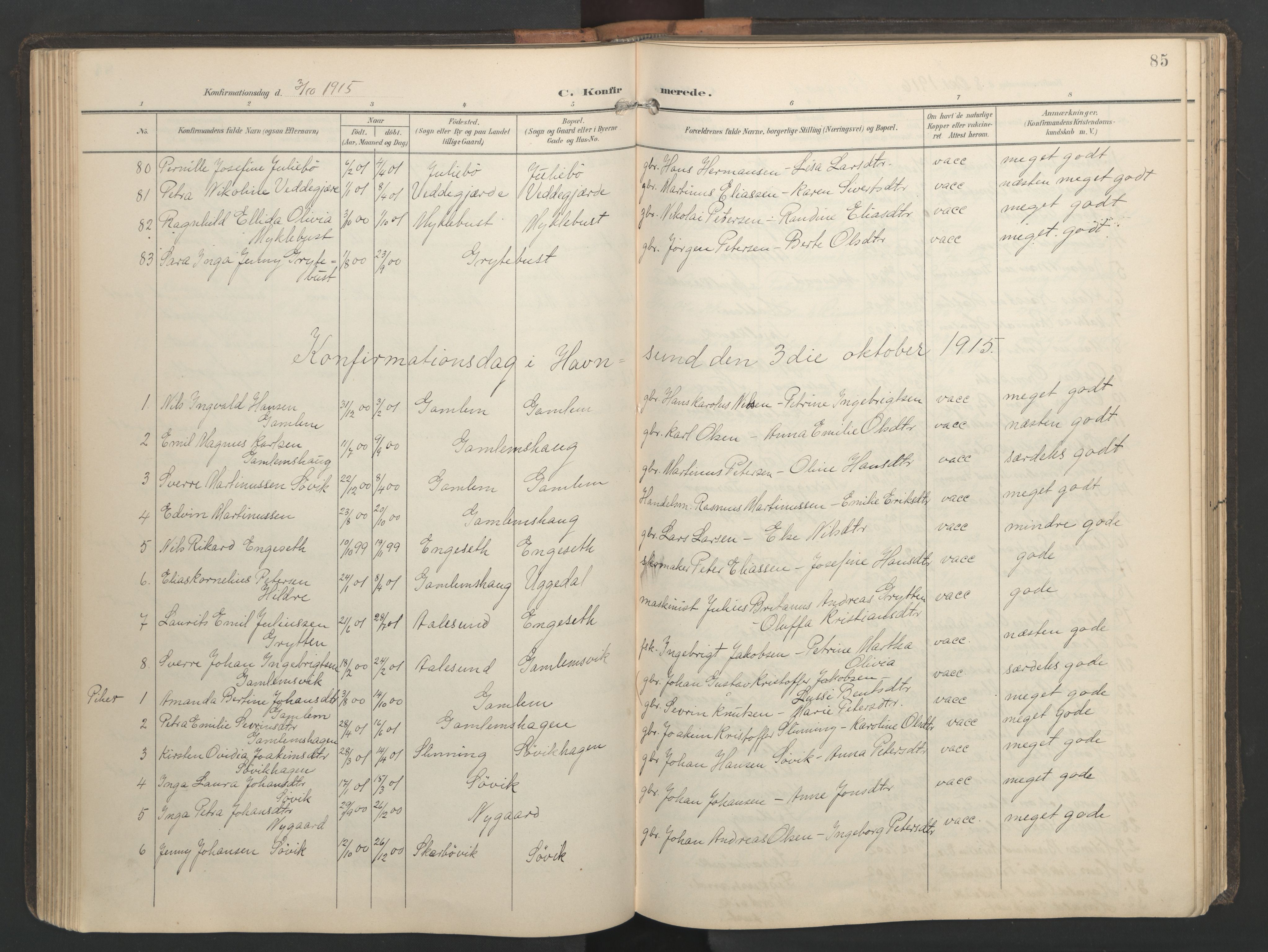 Ministerialprotokoller, klokkerbøker og fødselsregistre - Møre og Romsdal, AV/SAT-A-1454/528/L0433: Parish register (copy) no. 528C14, 1899-1922, p. 85