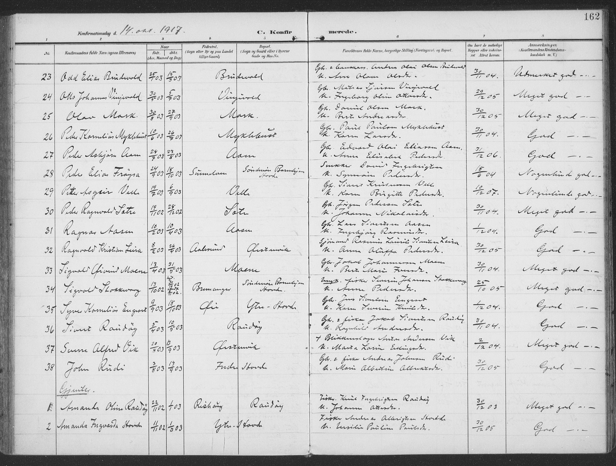 Ministerialprotokoller, klokkerbøker og fødselsregistre - Møre og Romsdal, AV/SAT-A-1454/513/L0178: Parish register (official) no. 513A05, 1906-1919, p. 162