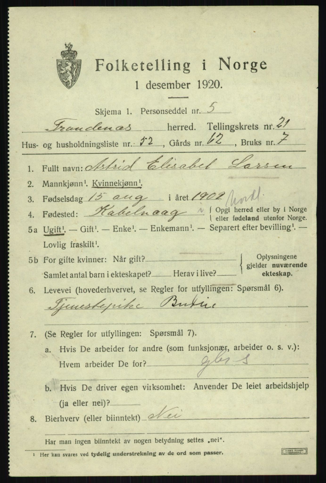 SATØ, 1920 census for Trondenes, 1920, p. 17182