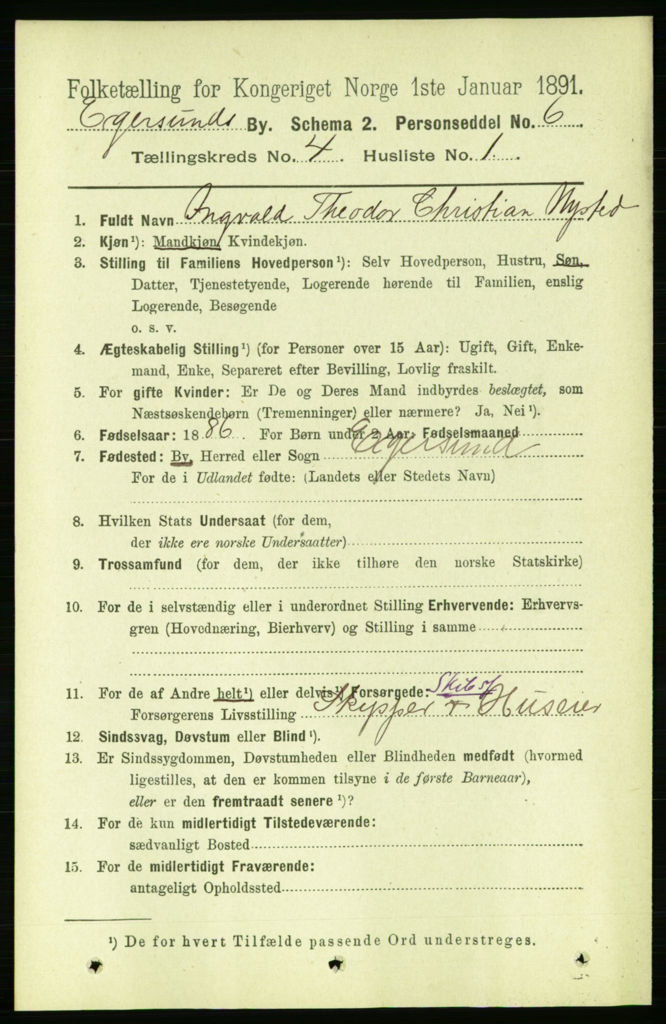 RA, 1891 census for 1101 Egersund, 1891, p. 605