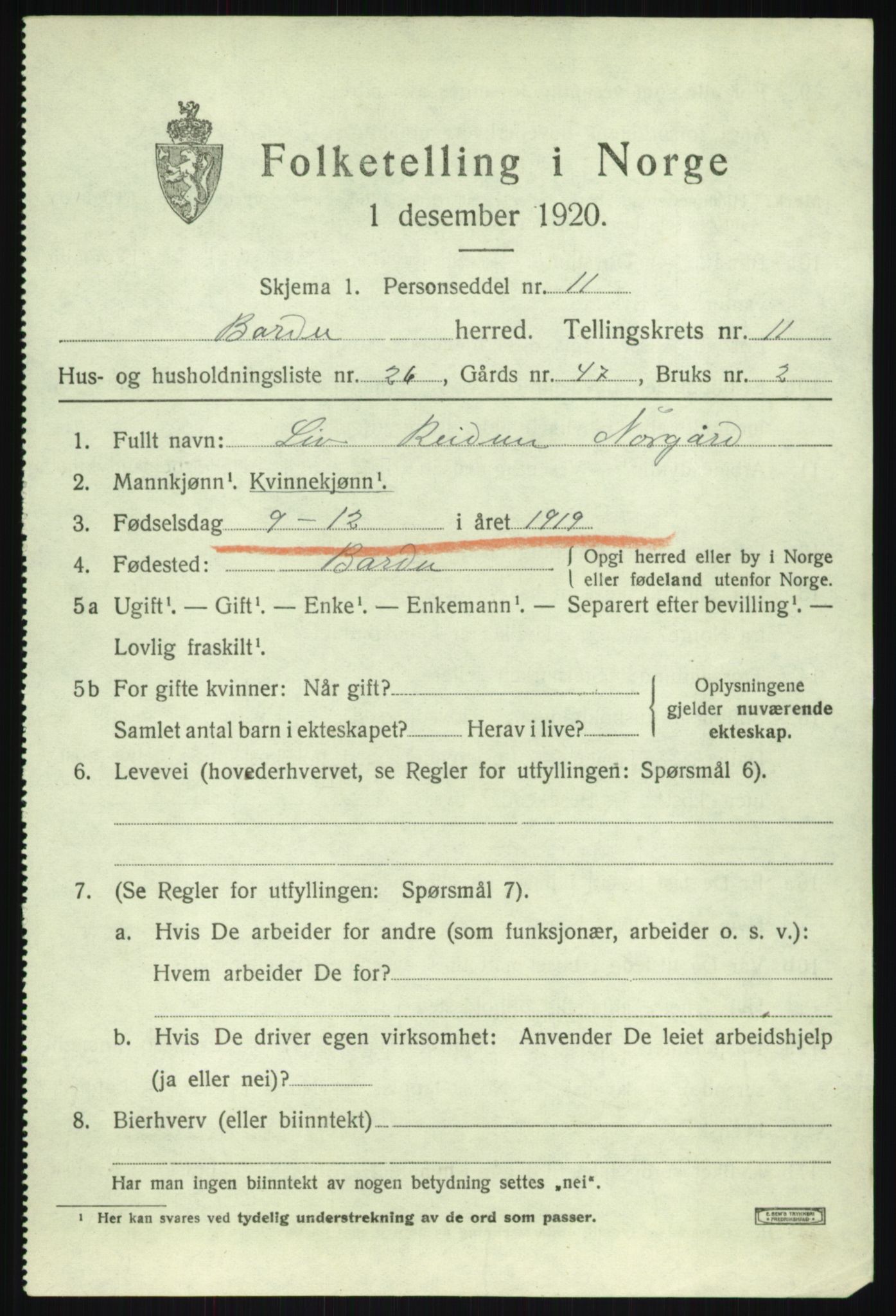 SATØ, 1920 census for Bardu, 1920, p. 3846