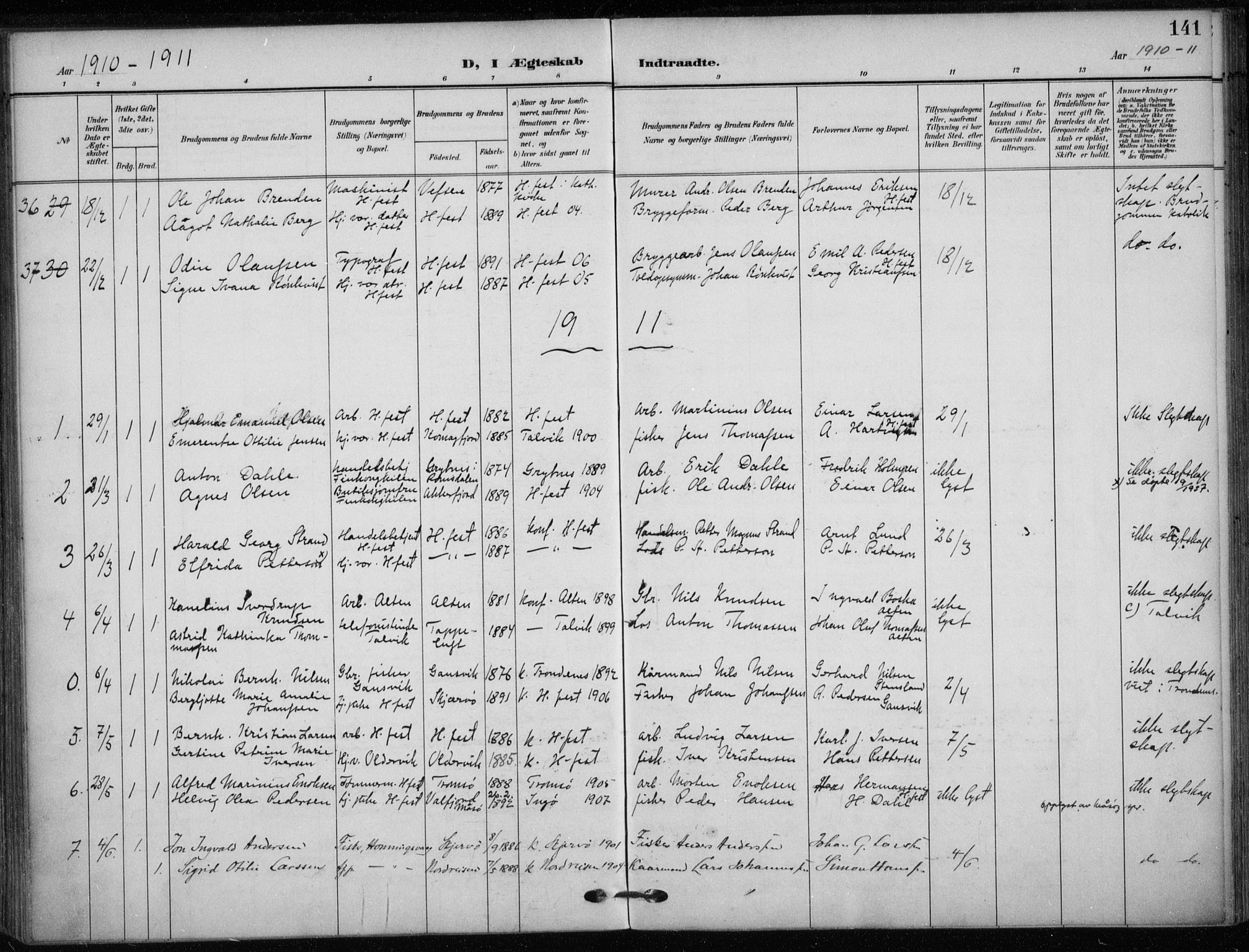 Hammerfest sokneprestkontor, SATØ/S-1347/H/Ha/L0014.kirke: Parish register (official) no. 14, 1906-1916, p. 141