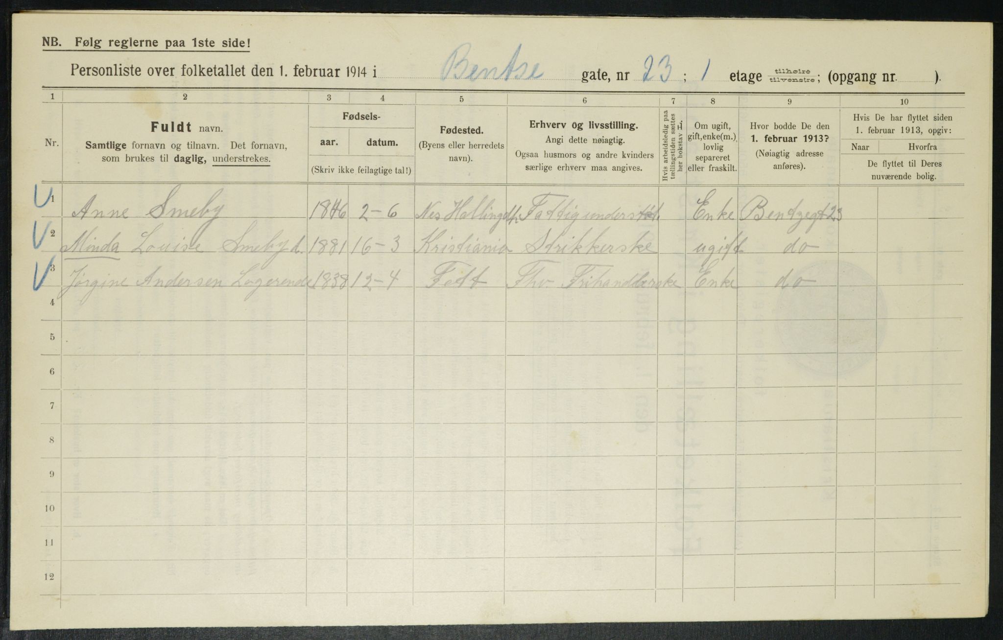 OBA, Municipal Census 1914 for Kristiania, 1914, p. 3687