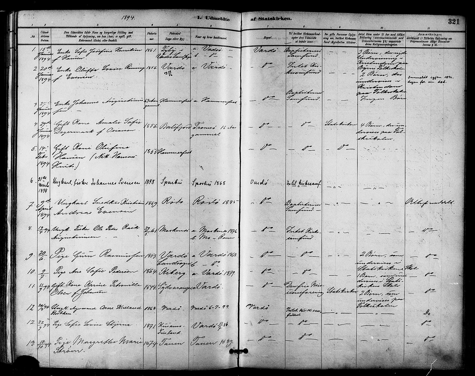 Vardø sokneprestkontor, SATØ/S-1332/H/Ha/L0007kirke: Parish register (official) no. 7, 1886-1897, p. 321