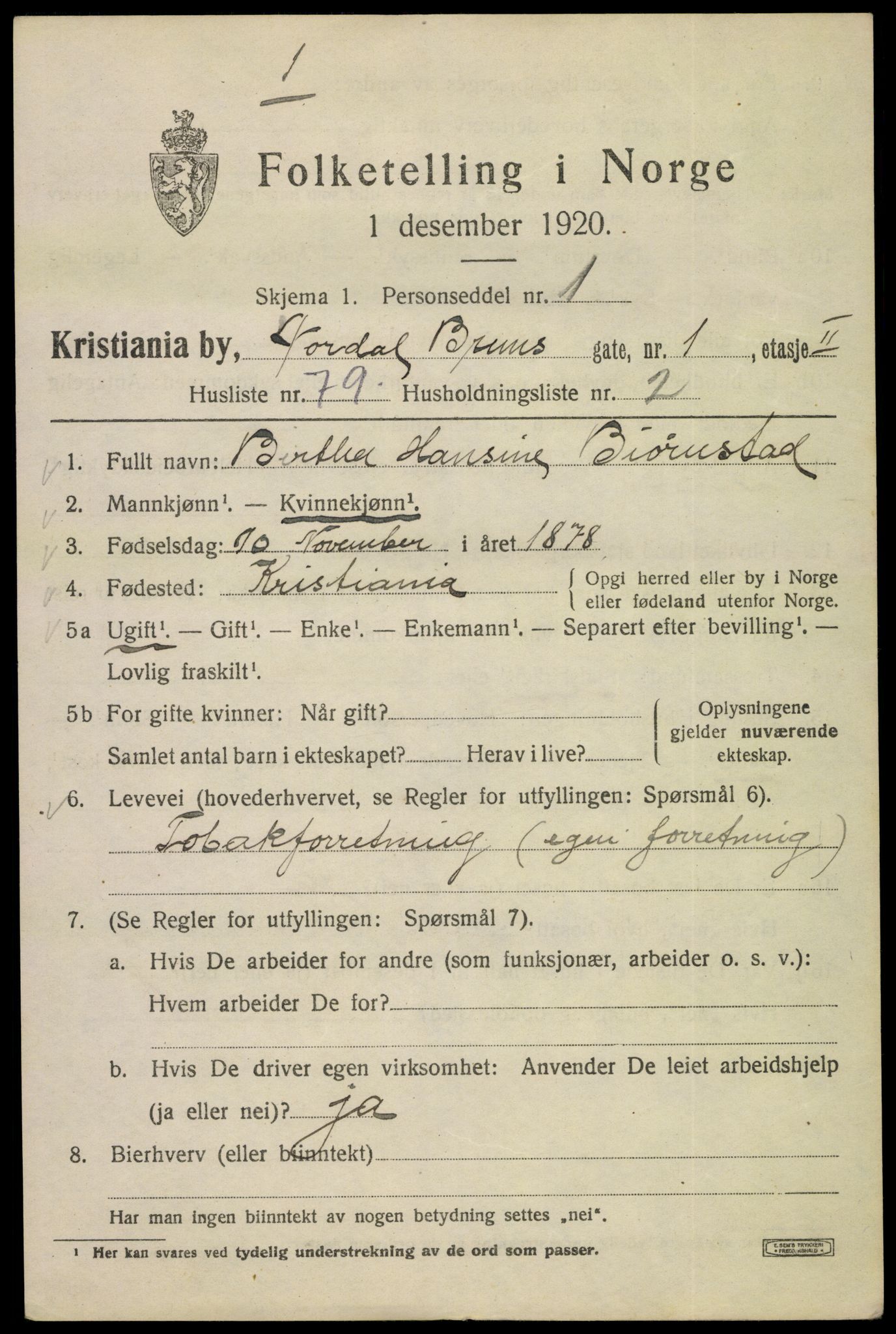 SAO, 1920 census for Kristiania, 1920, p. 420919