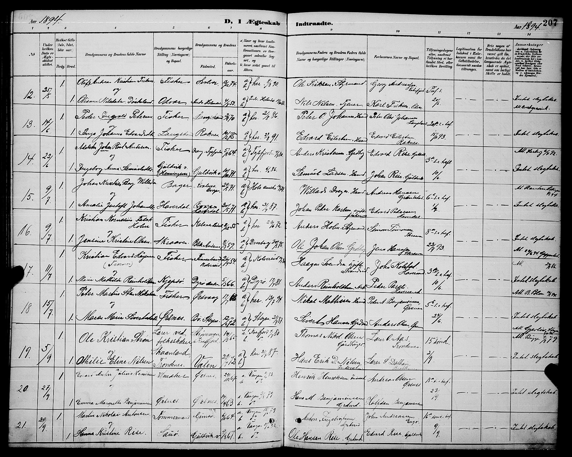 Ministerialprotokoller, klokkerbøker og fødselsregistre - Nordland, AV/SAT-A-1459/874/L1077: Parish register (copy) no. 874C06, 1891-1900, p. 207