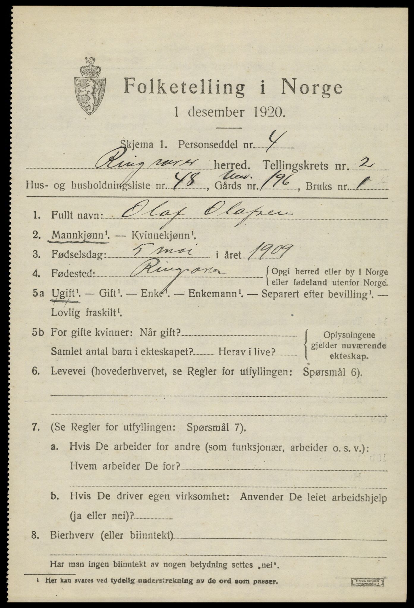 SAH, 1920 census for Ringsaker, 1920, p. 6944