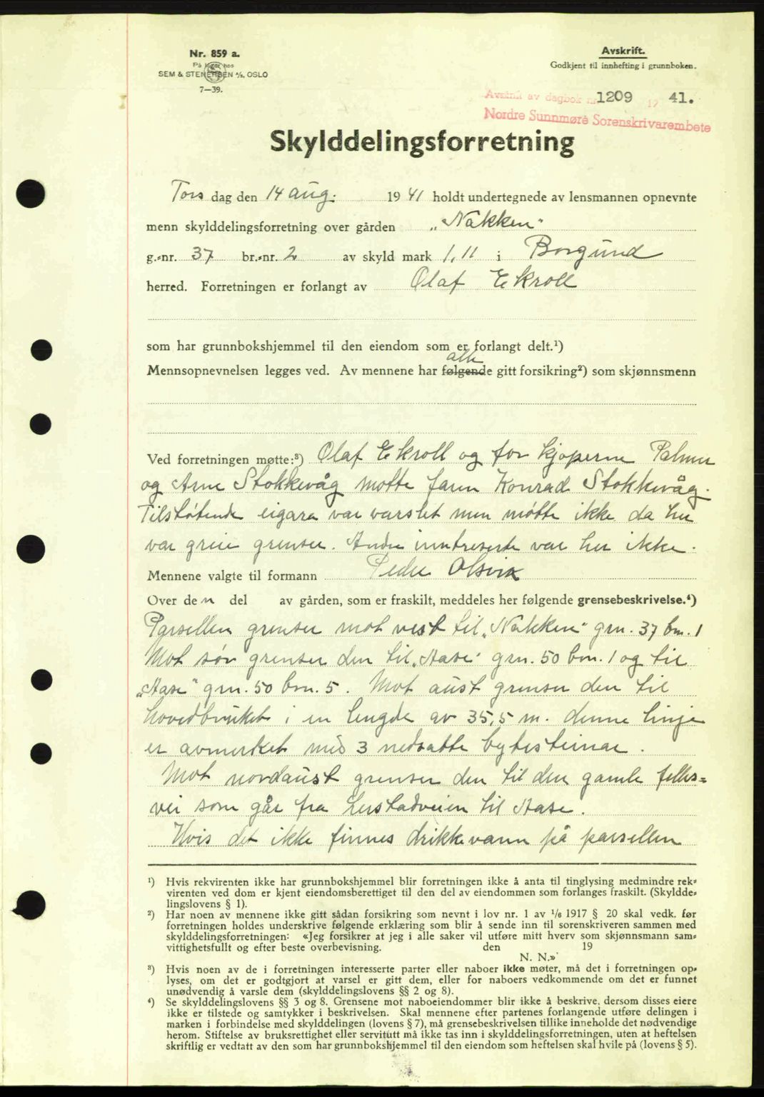 Nordre Sunnmøre sorenskriveri, SAT/A-0006/1/2/2C/2Ca: Mortgage book no. A11, 1941-1941, Diary no: : 1209/1941