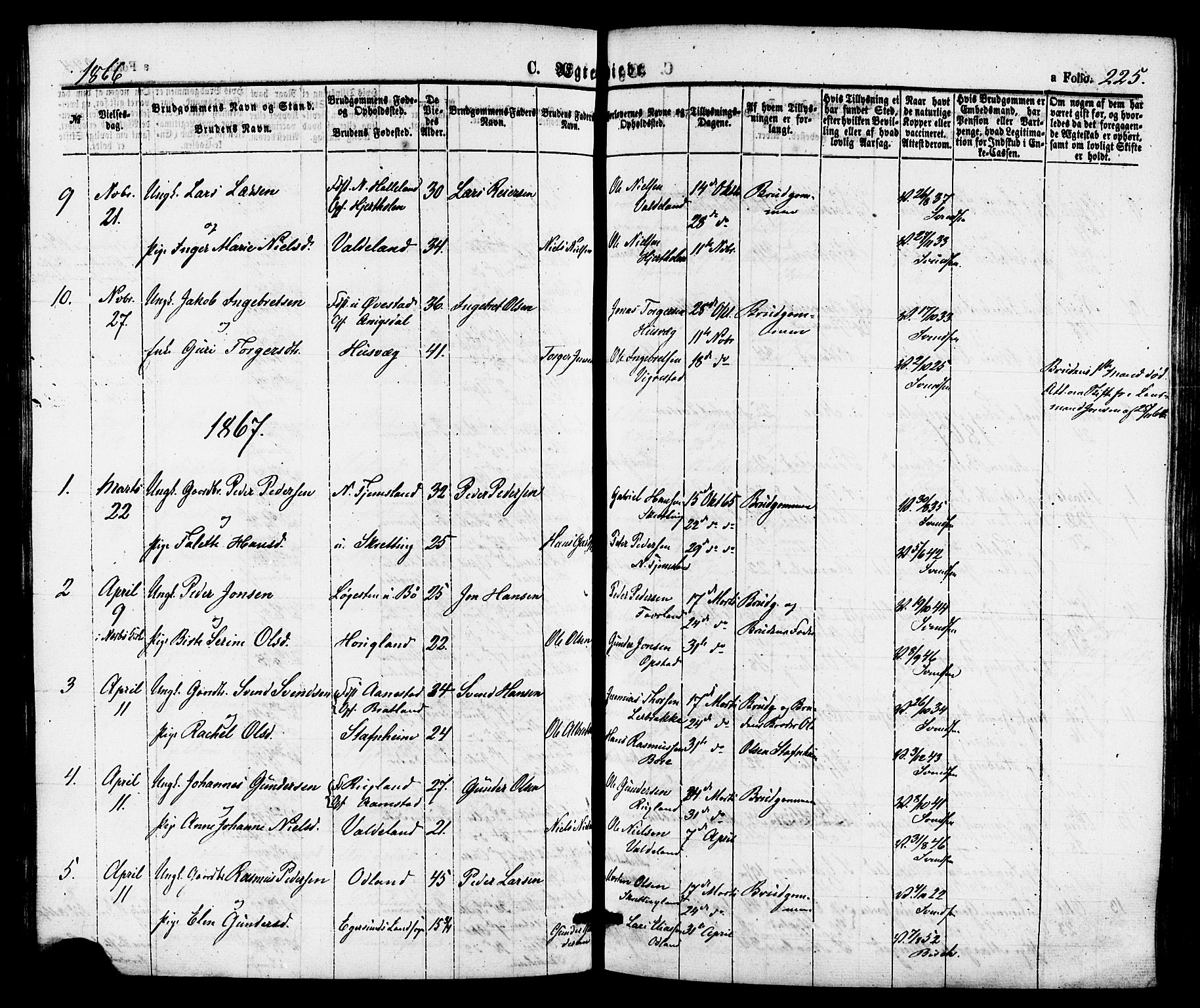 Hå sokneprestkontor, AV/SAST-A-101801/001/30BA/L0009: Parish register (official) no. A 8, 1855-1878, p. 225