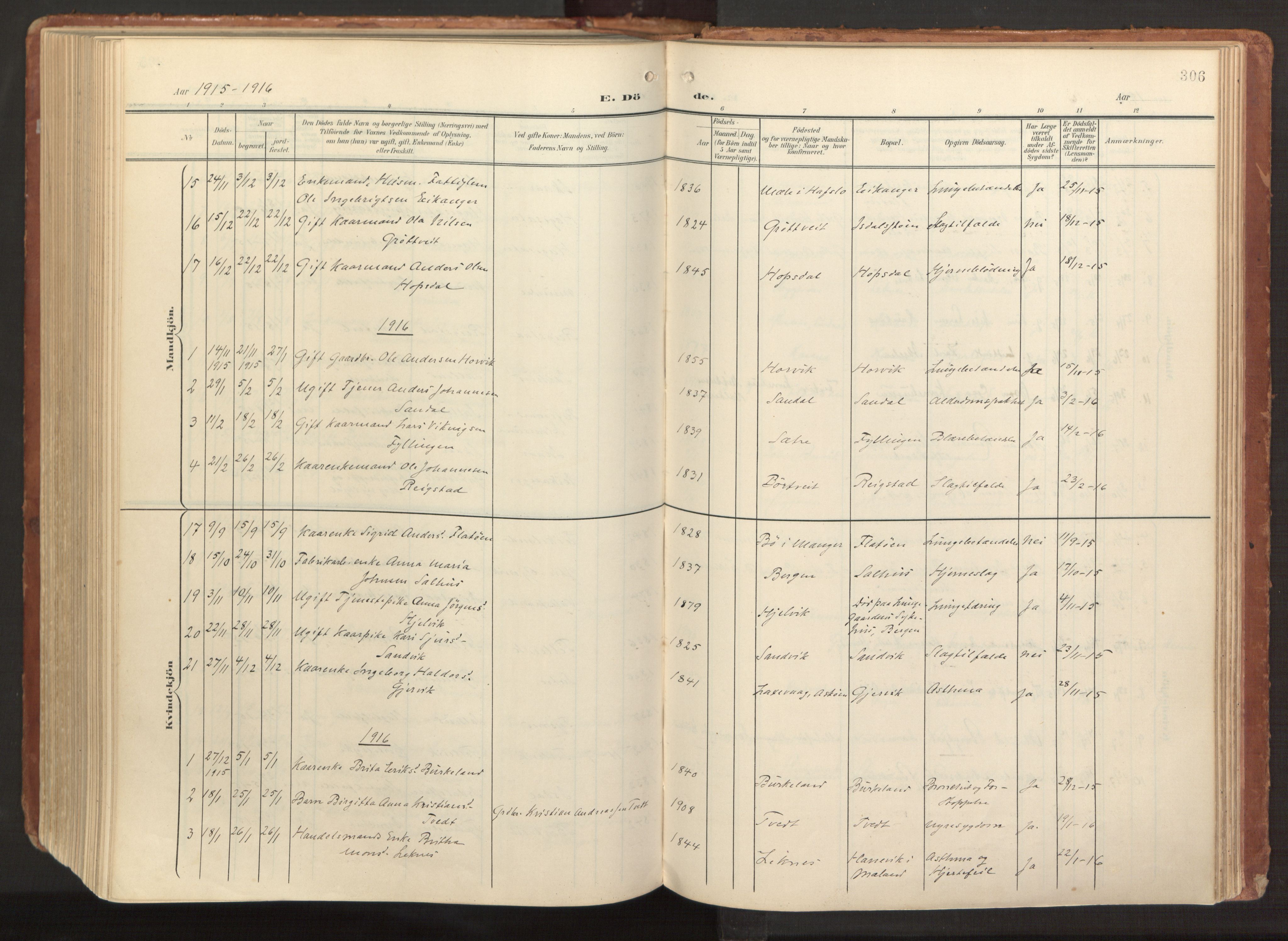 Hamre sokneprestembete, AV/SAB-A-75501/H/Ha/Haa/Haab/L0002: Parish register (official) no. B 2, 1905-1924, p. 306