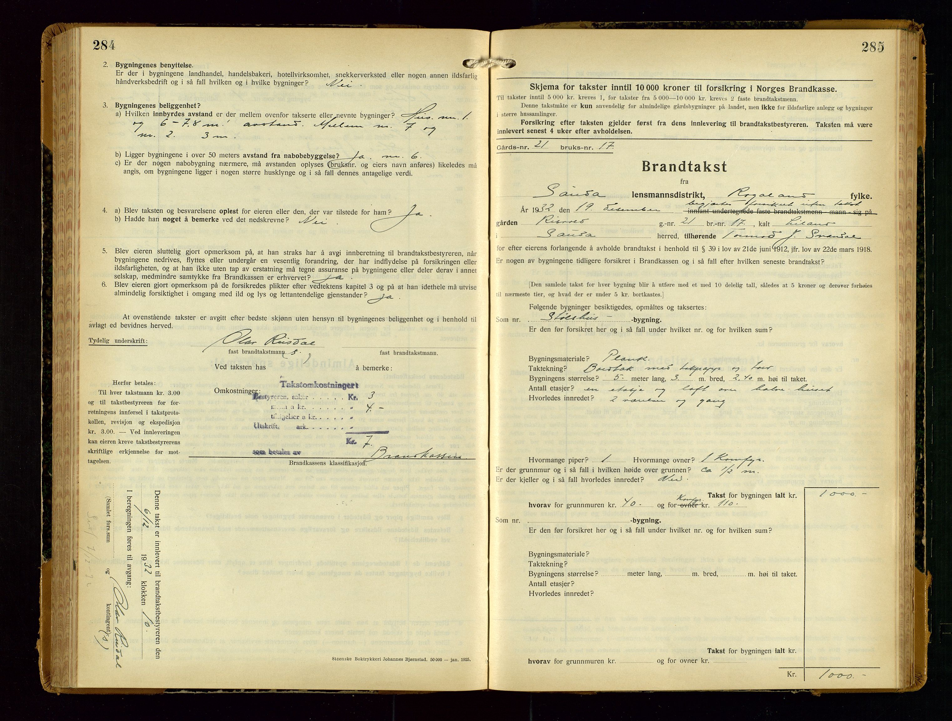 Sauda lensmannskontor, SAST/A-100177/Gob/L0003: Branntakstprotokoll - skjematakst, 1928-1936, p. 284-285