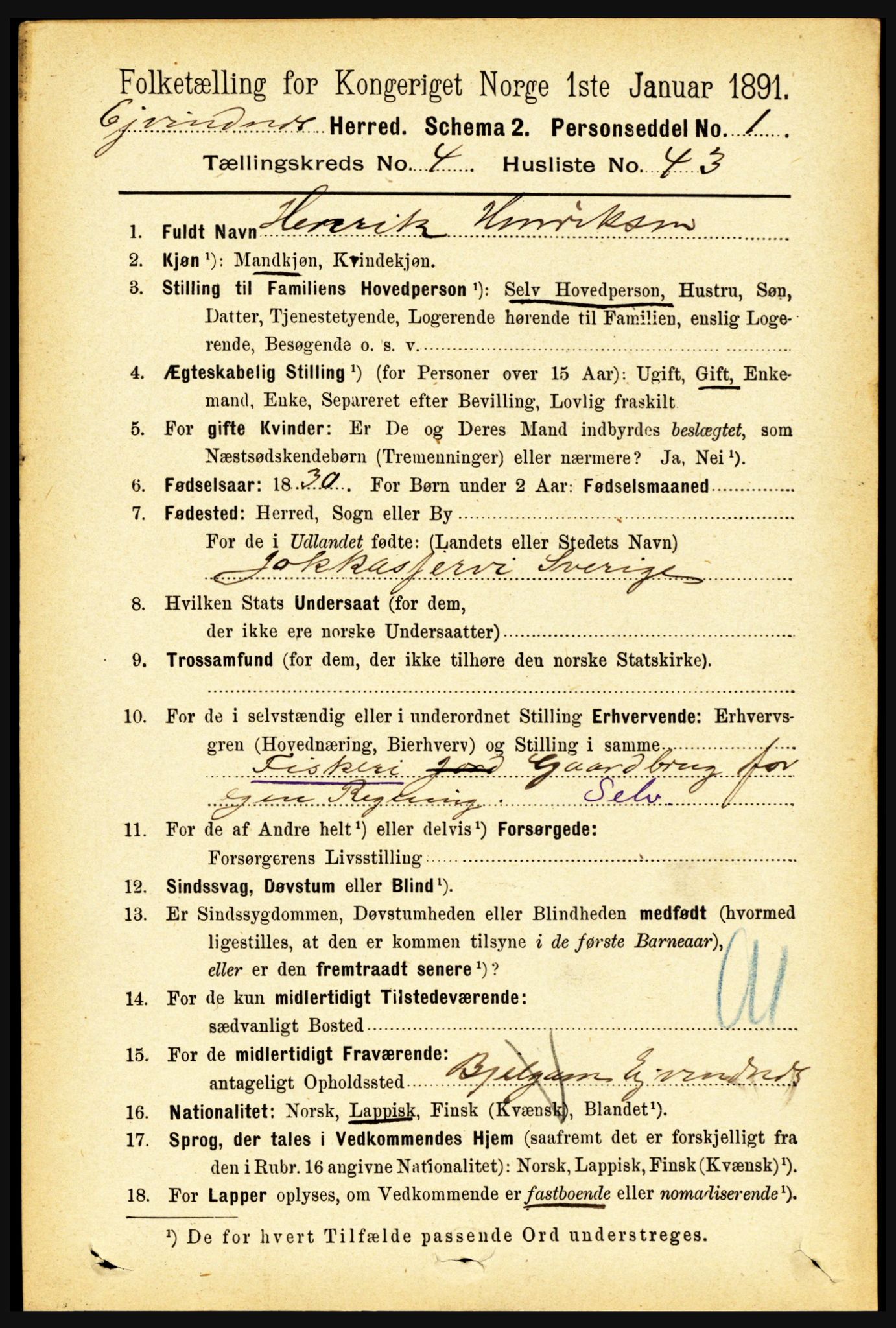 RA, 1891 census for 1853 Evenes, 1891, p. 1542