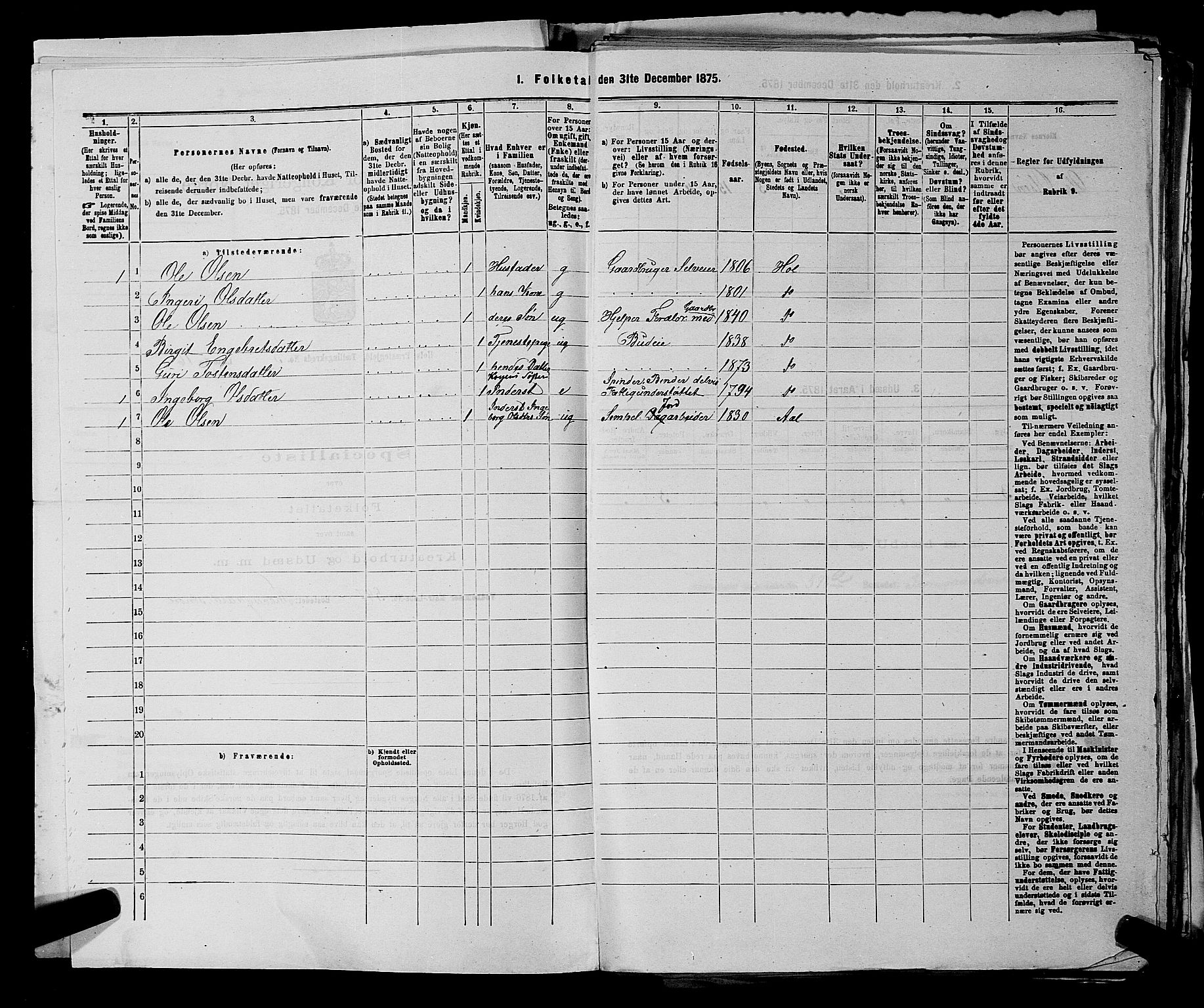 SAKO, 1875 census for 0620P Hol, 1875, p. 311