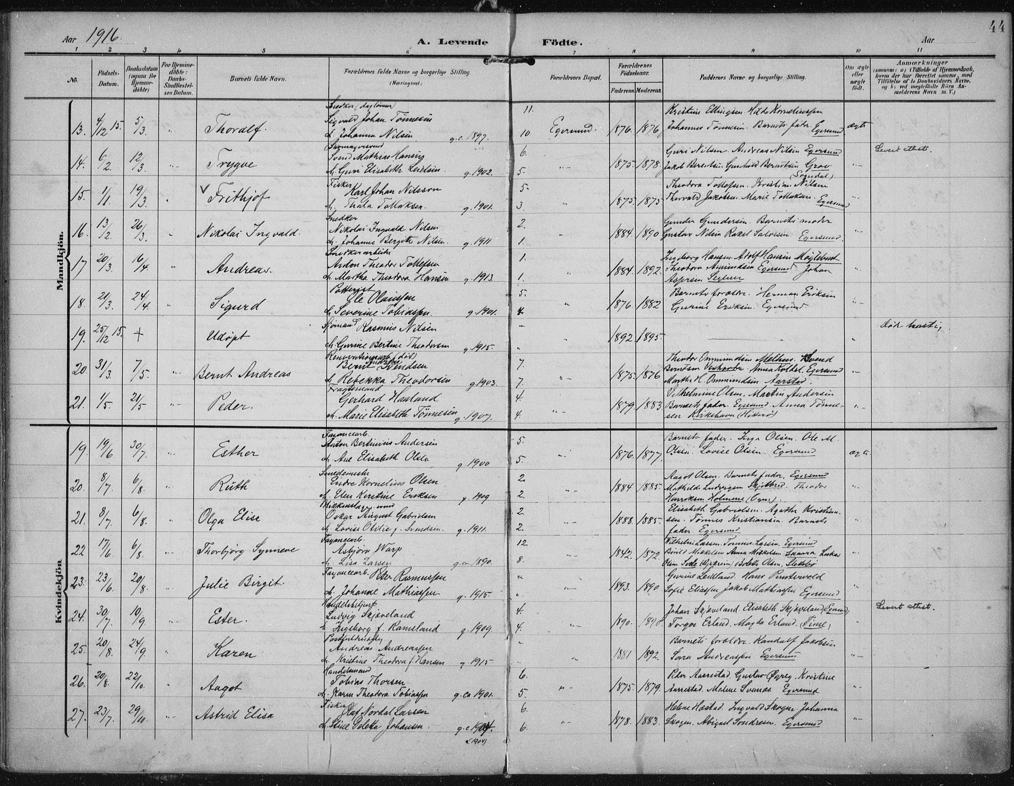 Eigersund sokneprestkontor, AV/SAST-A-101807/S08/L0022: Parish register (official) no. A 21, 1905-1928, p. 44