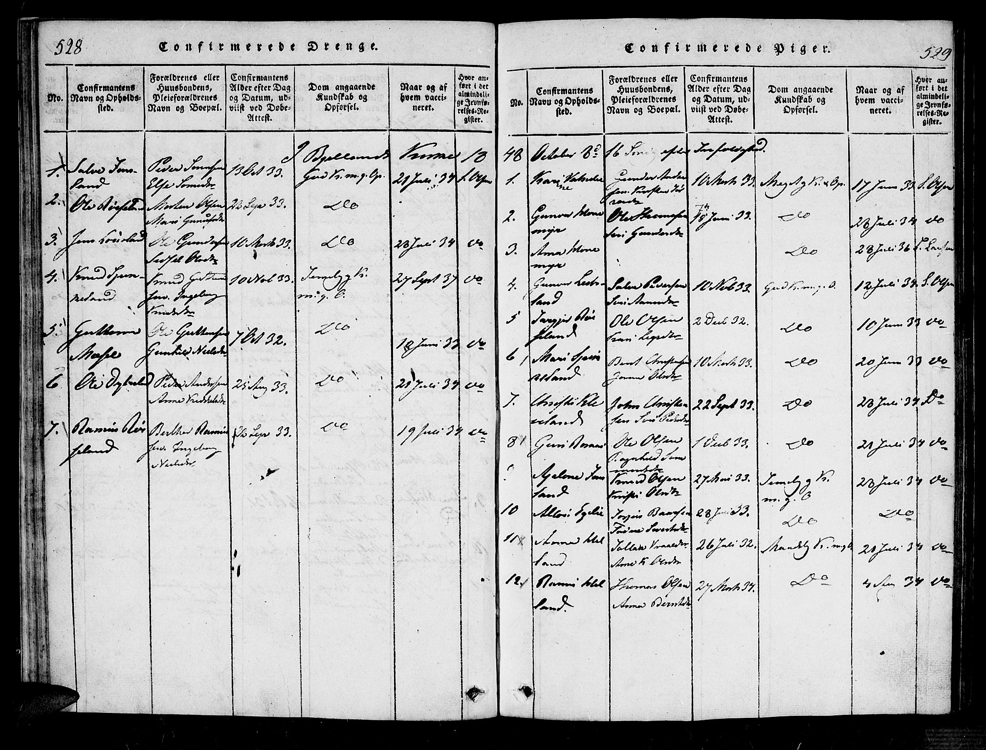 Bjelland sokneprestkontor, AV/SAK-1111-0005/F/Fa/Fab/L0002: Parish register (official) no. A 2, 1816-1869, p. 528-529