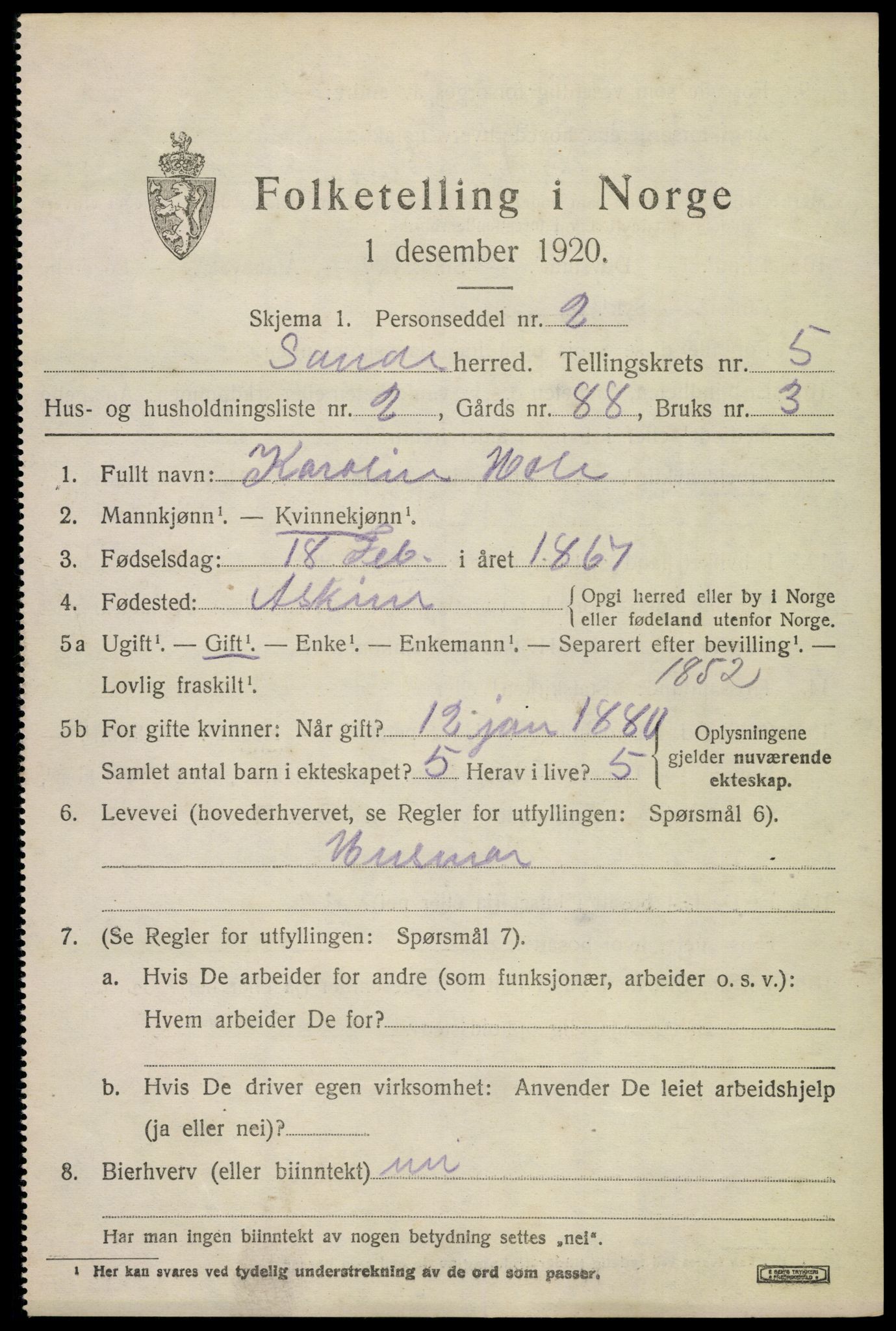 SAKO, 1920 census for Sande, 1920, p. 6142