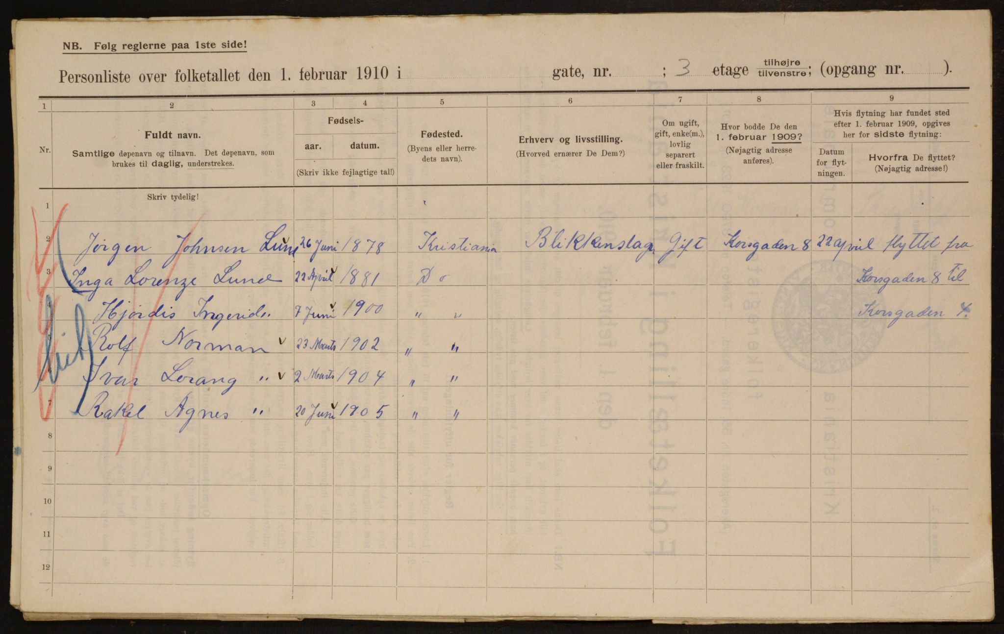 OBA, Municipal Census 1910 for Kristiania, 1910, p. 51903