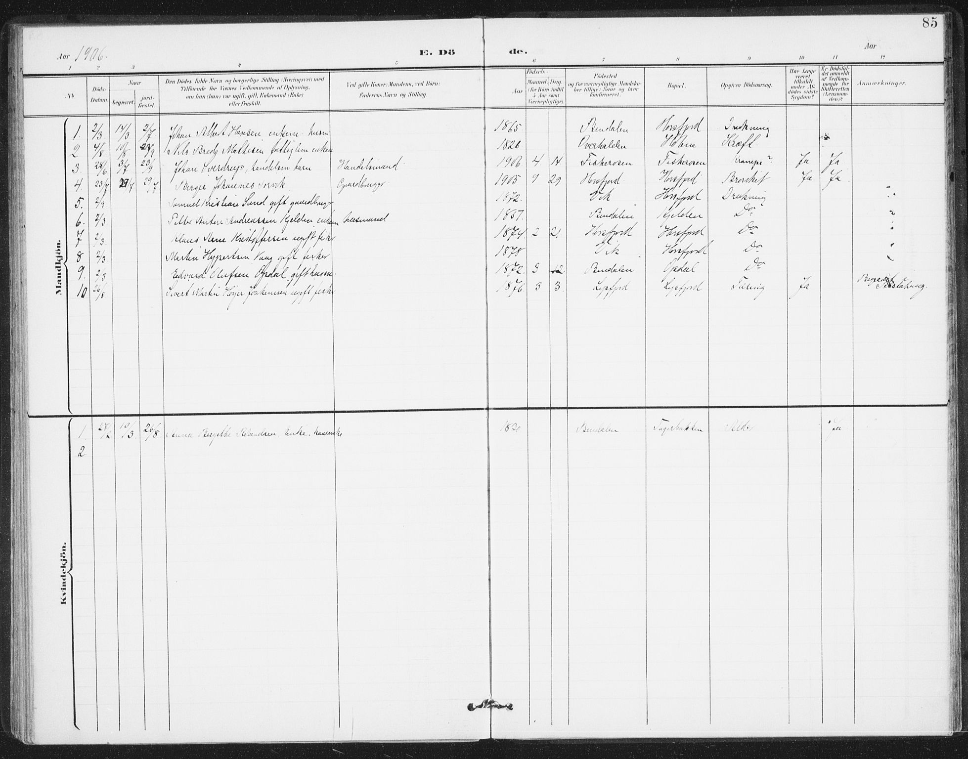 Ministerialprotokoller, klokkerbøker og fødselsregistre - Nordland, AV/SAT-A-1459/811/L0167: Parish register (official) no. 811A04, 1899-1913, p. 85