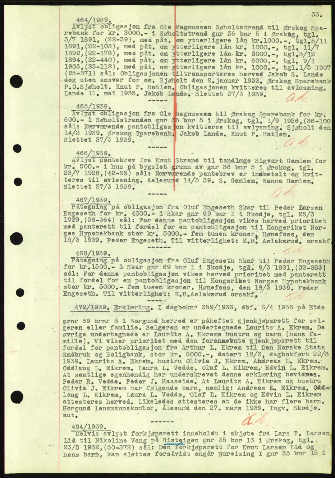 Nordre Sunnmøre sorenskriveri, SAT/A-0006/1/2/2C/2Ca: Mortgage book no. B1-6, 1938-1942, Diary no: : 464/1939