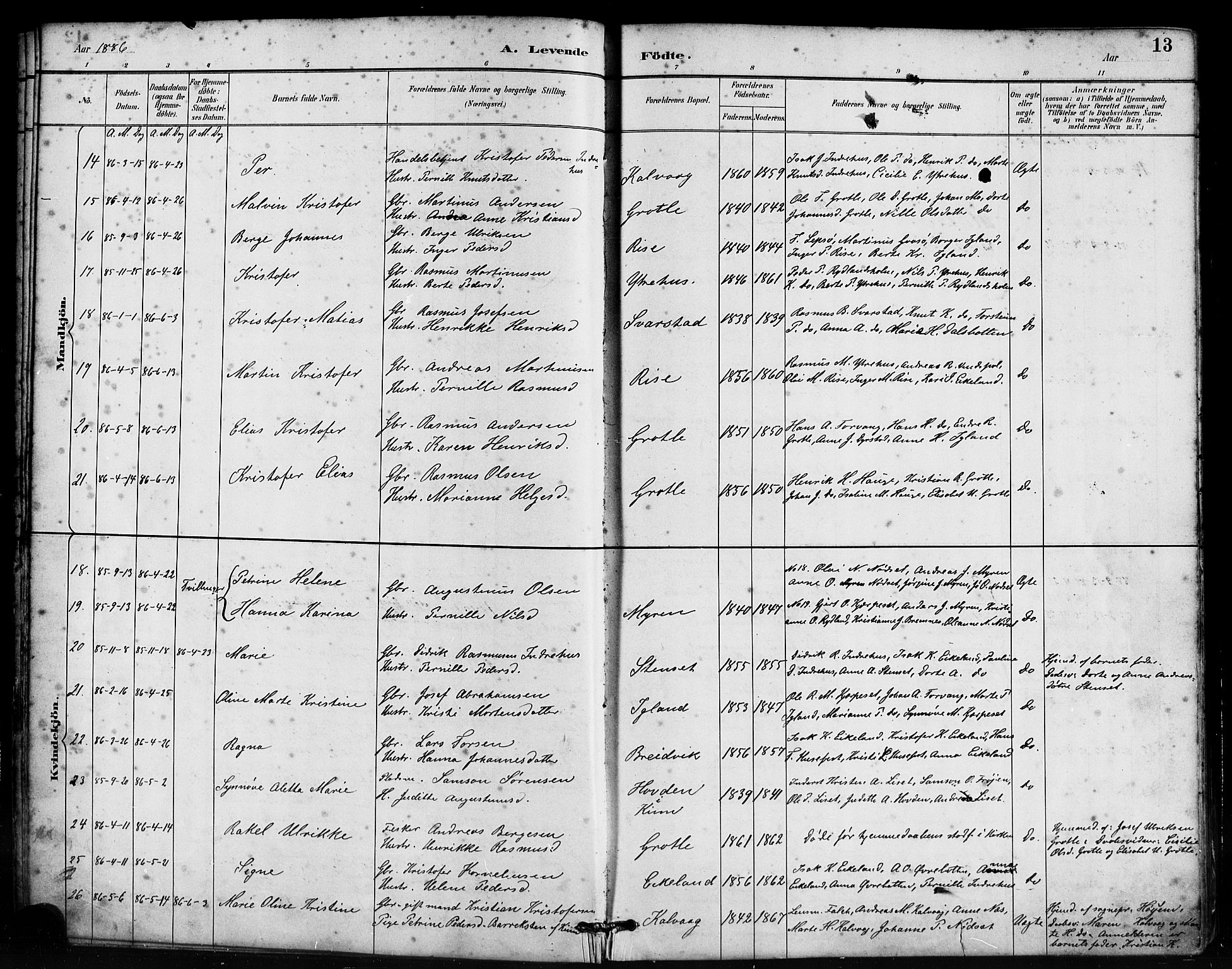 Bremanger sokneprestembete, AV/SAB-A-82201/H/Haa/Haab/L0001: Parish register (official) no. B 1, 1884-1895, p. 13