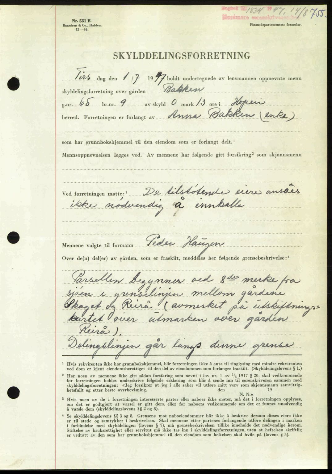 Nordmøre sorenskriveri, AV/SAT-A-4132/1/2/2Ca: Mortgage book no. A105, 1947-1947, Diary no: : 1834/1947