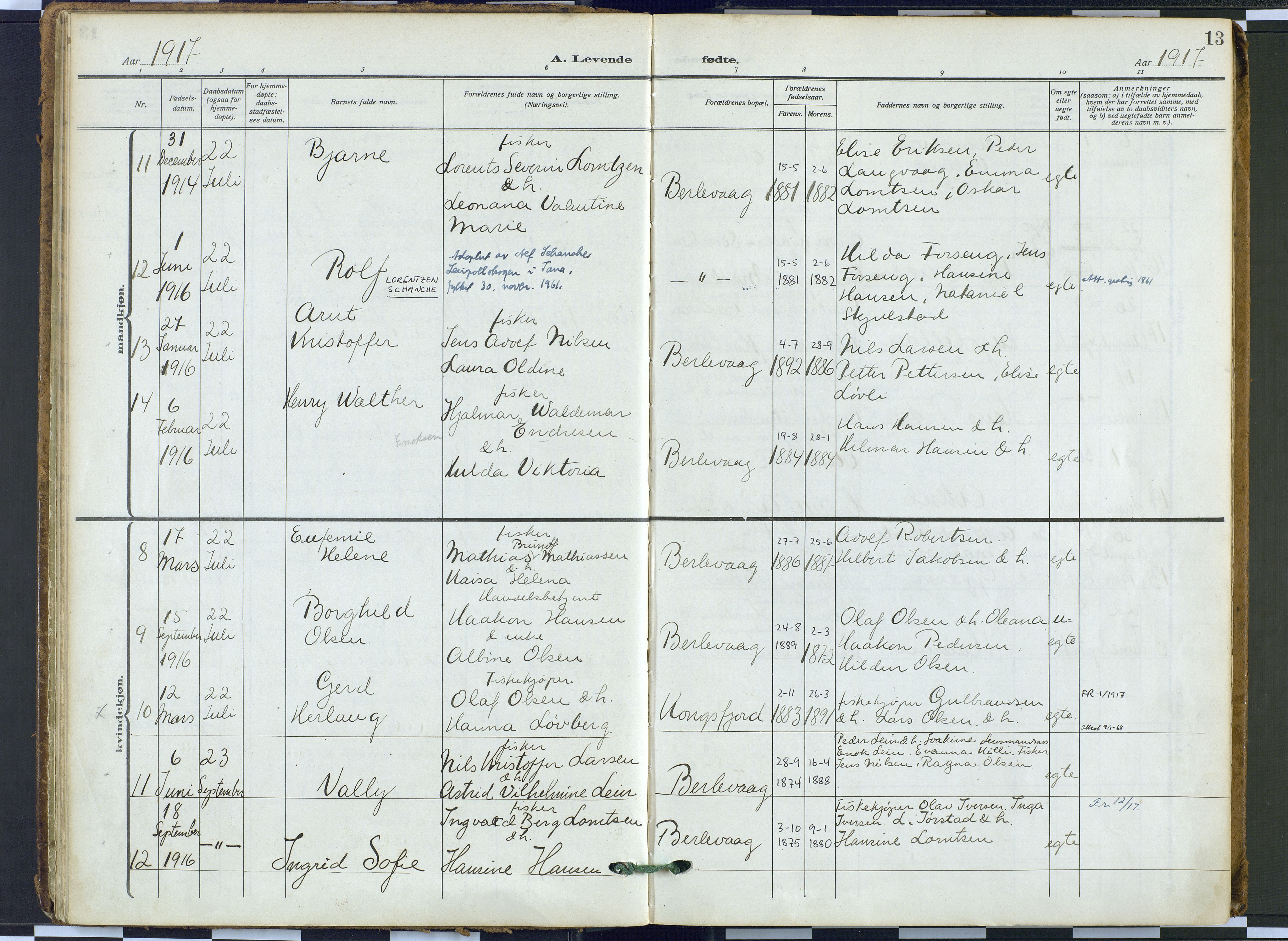 Tana sokneprestkontor, SATØ/S-1334/H/Ha: Parish register (official) no. 9, 1914-1930, p. 13