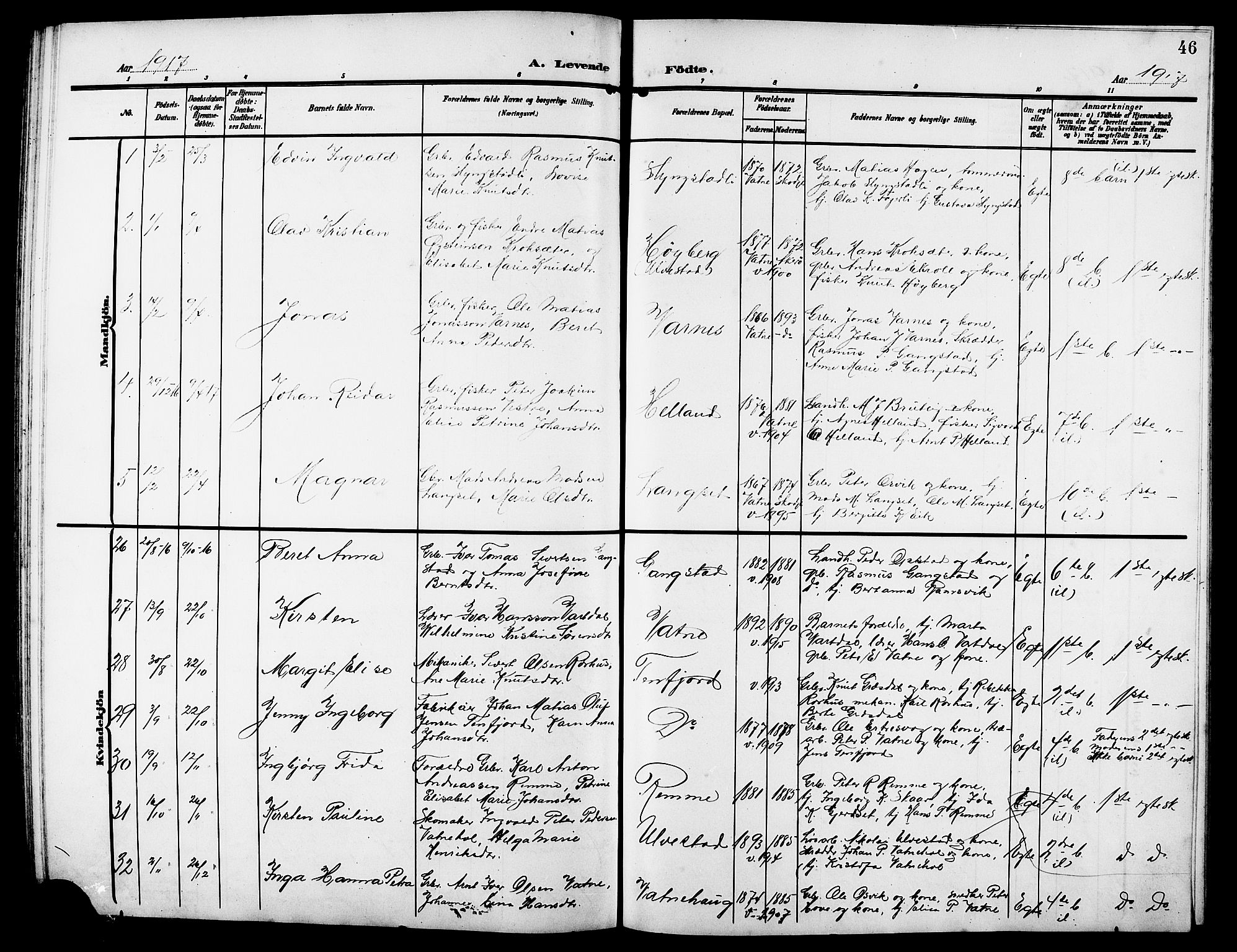 Ministerialprotokoller, klokkerbøker og fødselsregistre - Møre og Romsdal, AV/SAT-A-1454/525/L0377: Parish register (copy) no. 525C03, 1903-1917, p. 46