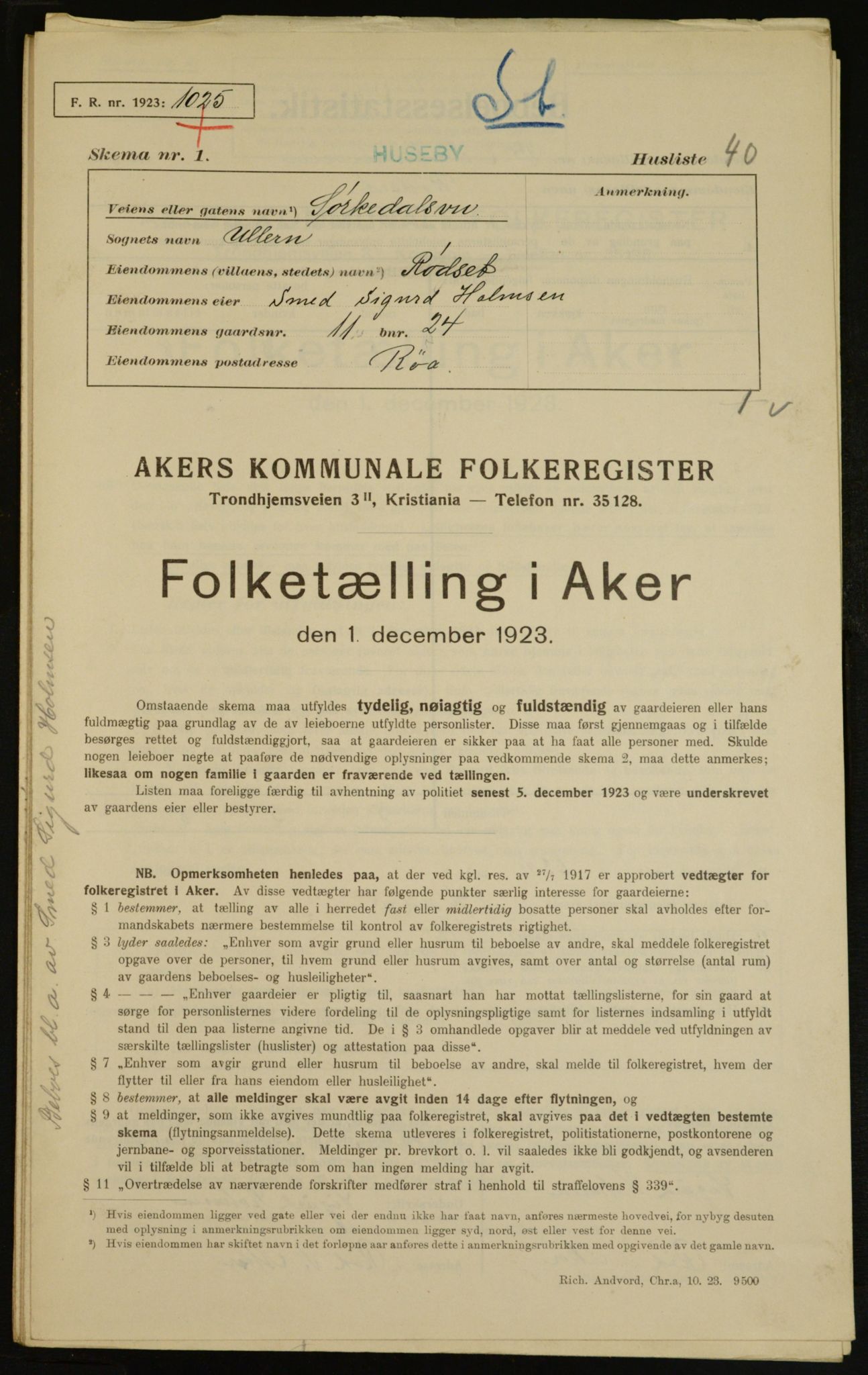 , Municipal Census 1923 for Aker, 1923, p. 6241