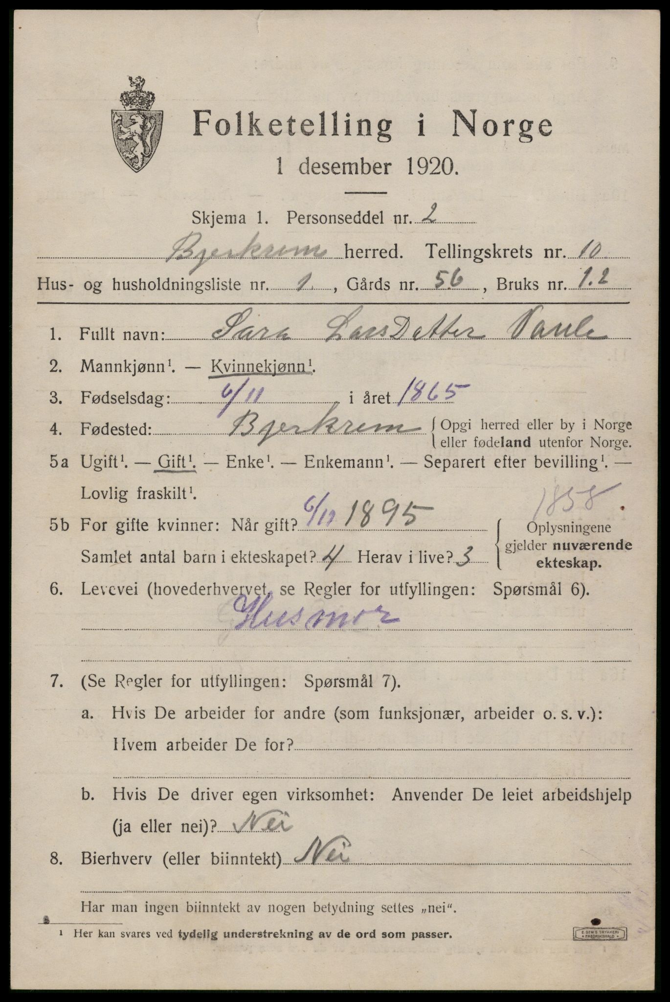 SAST, 1920 census for Bjerkreim, 1920, p. 3248